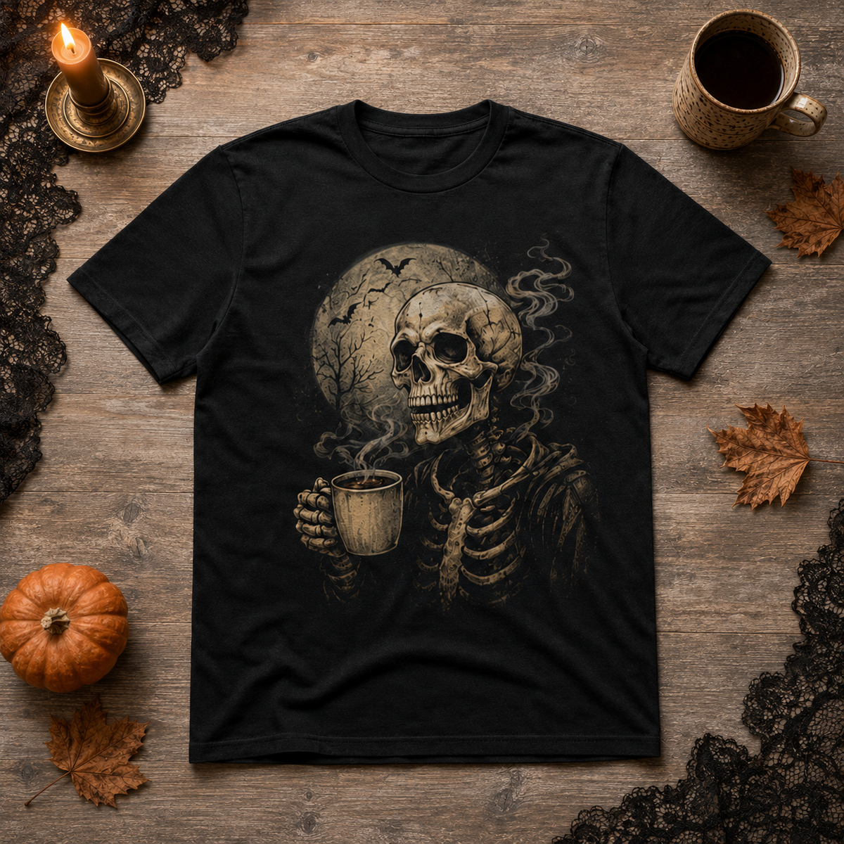 Skeleton Coffee Halloween Graphic T-Shirt