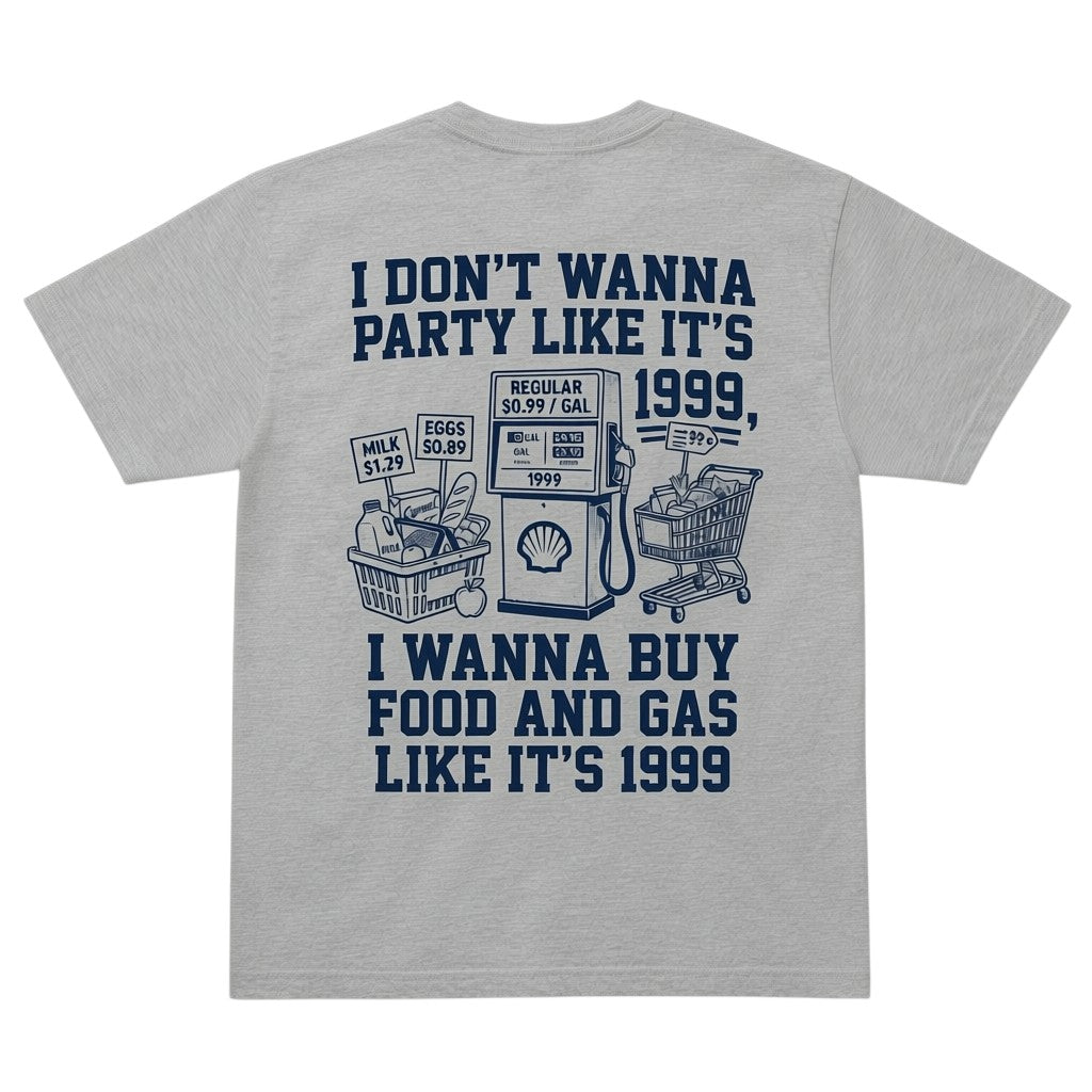 TrendyShift.Com grey t-shirt featuring a 1999 inflation-themed graphic with a gas pump, shopping cart, and groceries.