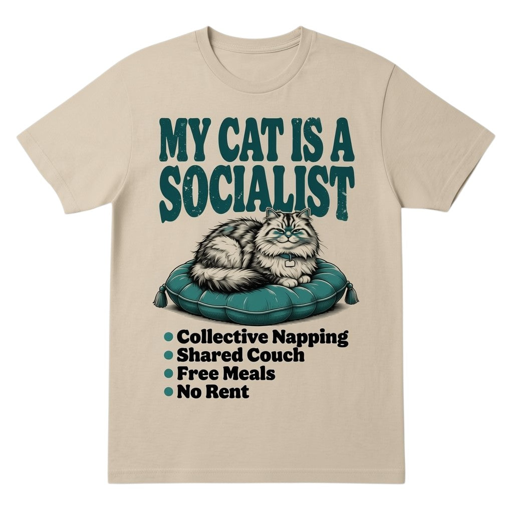 TrendyShift.Com beige cotton graphic tee with a cat illustration and My Cat Is a Socialist text in vintage style