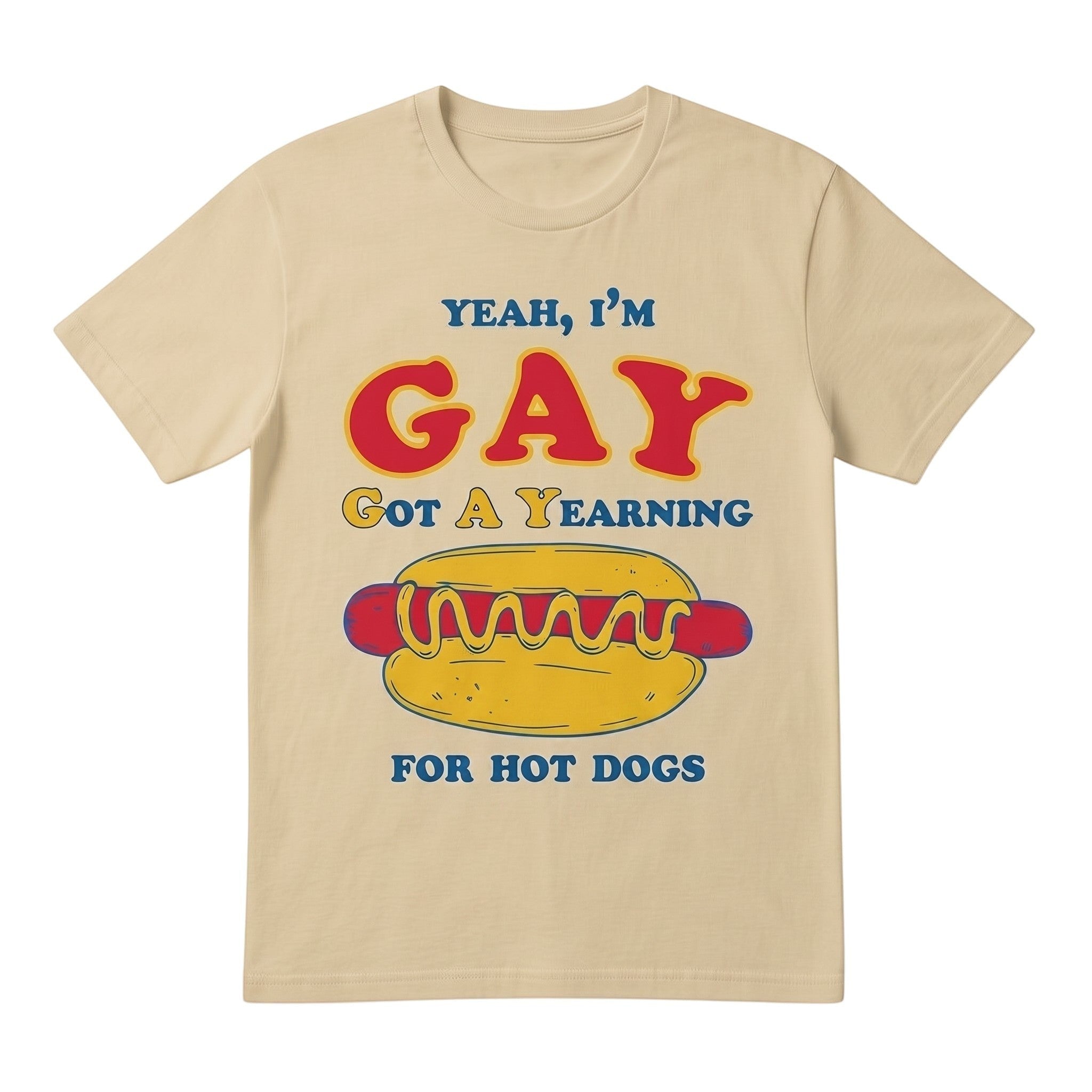 TrendyShift.Com beige cotton t-shirt with a humorous graphic print featuring a hot dog and funny text.
