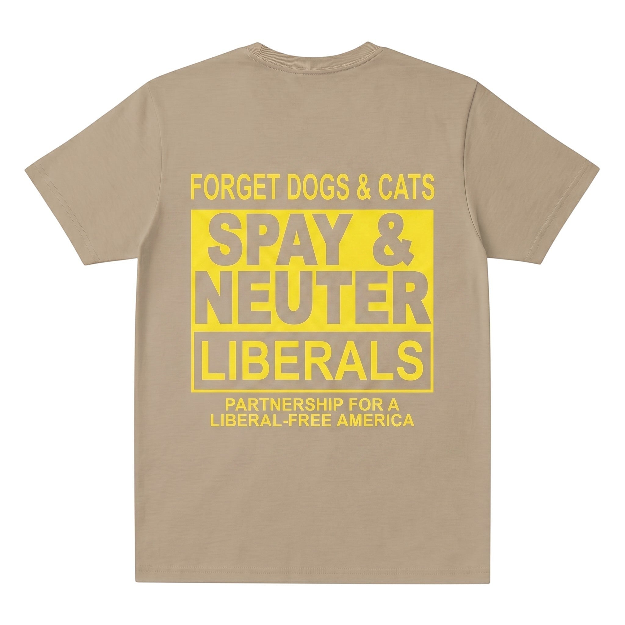 TrendyShift.Com beige streetwear t-shirt with bold yellow graphic print on the back featuring political satire text.