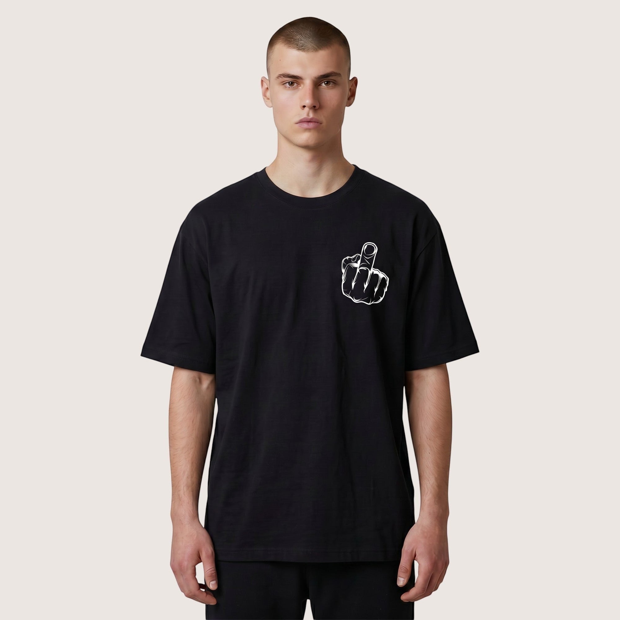 TrendyShift.Com black heavyweight cotton t-shirt featuring a white middle finger graphic on the chest