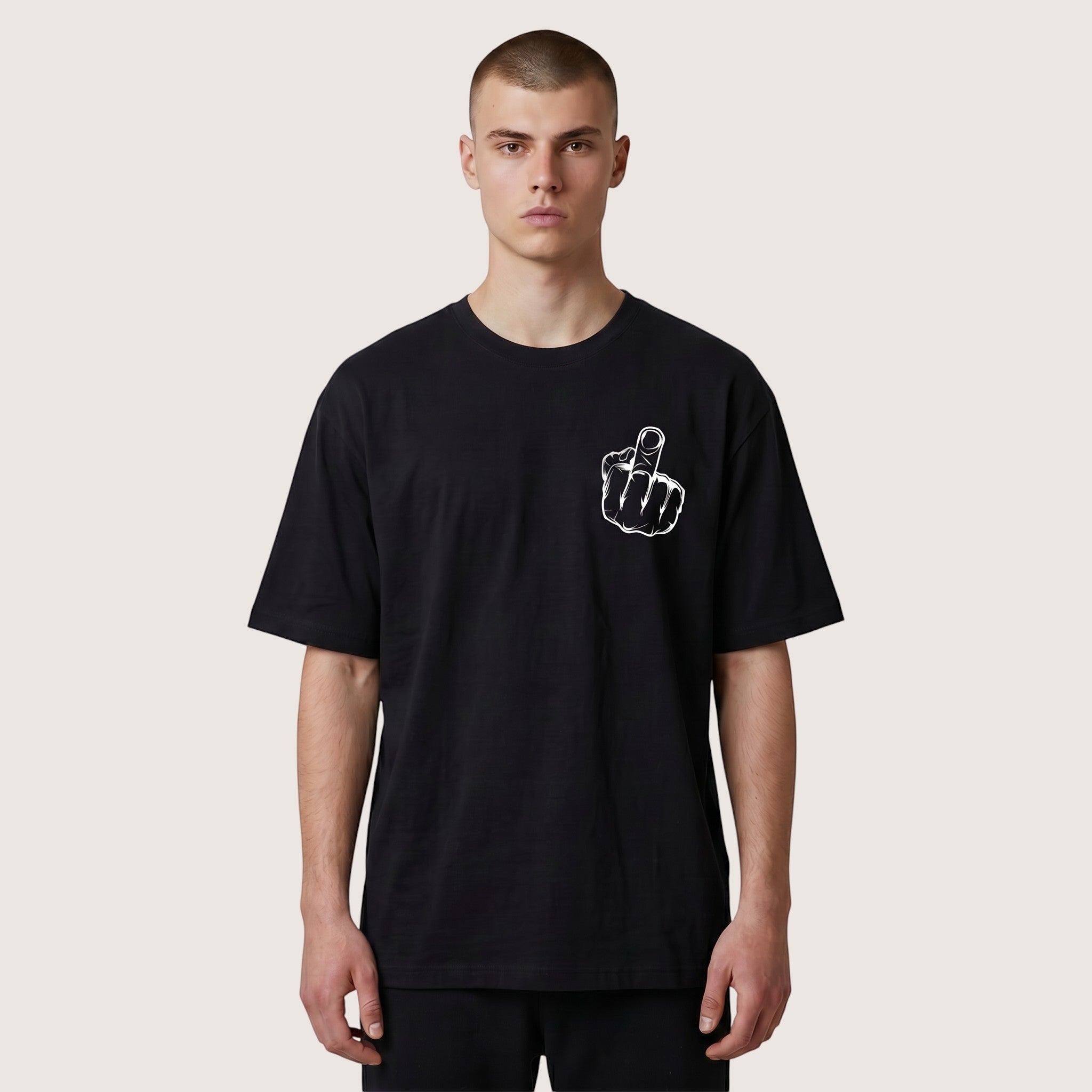 TrendyShift.Com black heavyweight cotton t-shirt featuring a white middle finger graphic on the chest