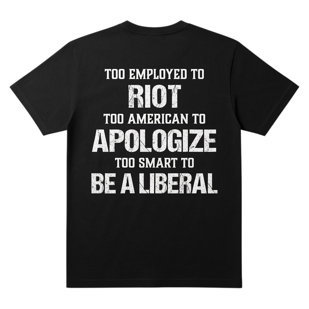 TrendyShift.Com black t-shirt featuring white distressed text print on the back with political slogan.