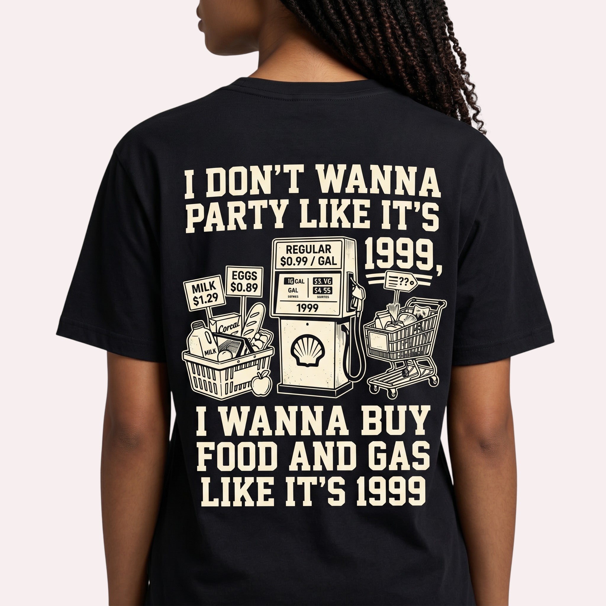 TrendyShift.Com black t-shirt featuring a back print about 1999 food and gas prices with vintage grocery graphics.