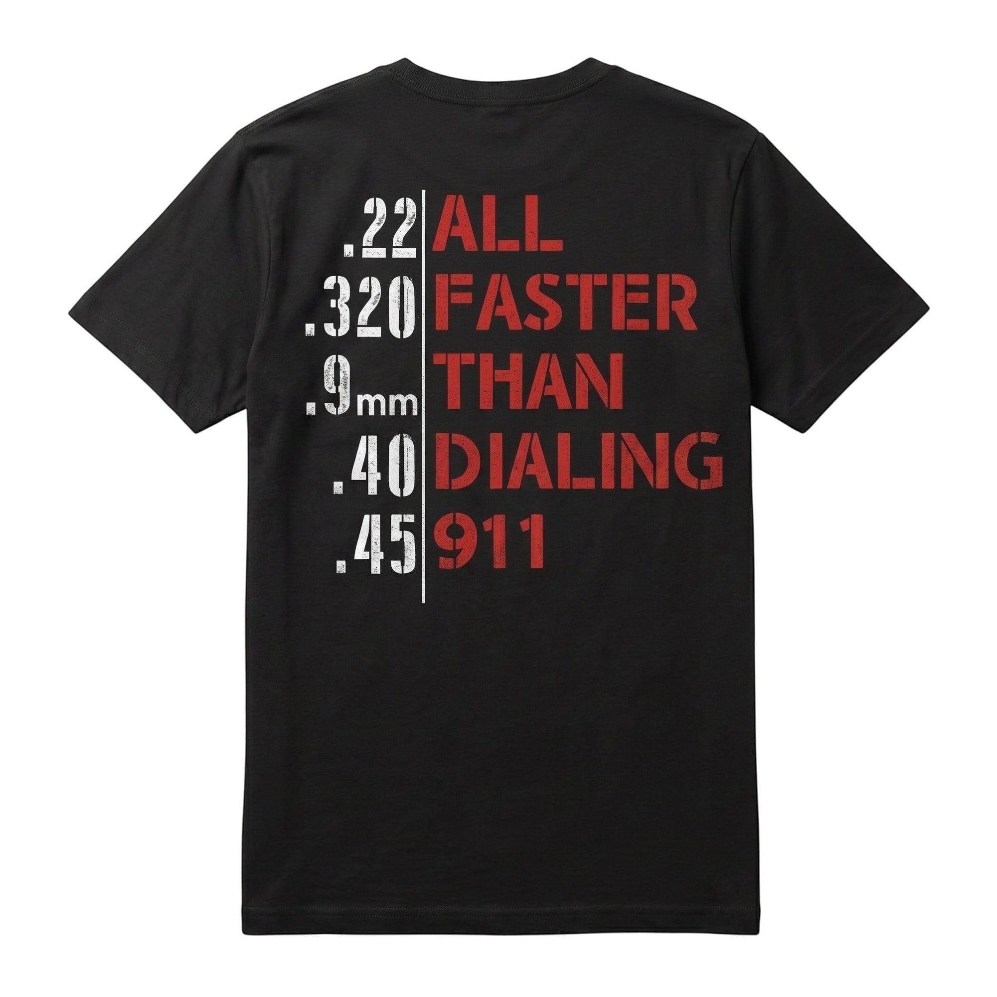 TrendyShift.Com black unisex t-shirt featuring white and red text graphic on the back about firearm calibers