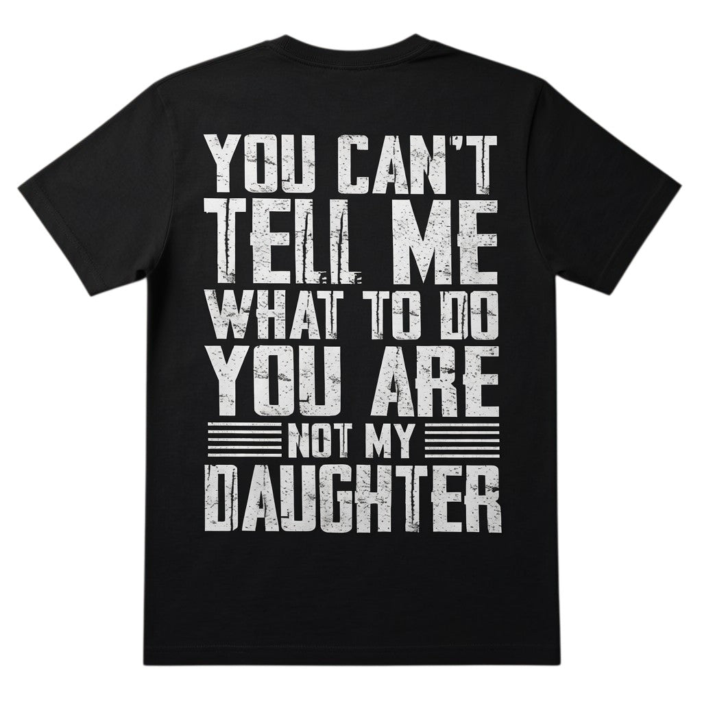 TrendyShift.Com black cotton graphic t-shirt with distressed white typography reading You Can't Tell Me What To Do