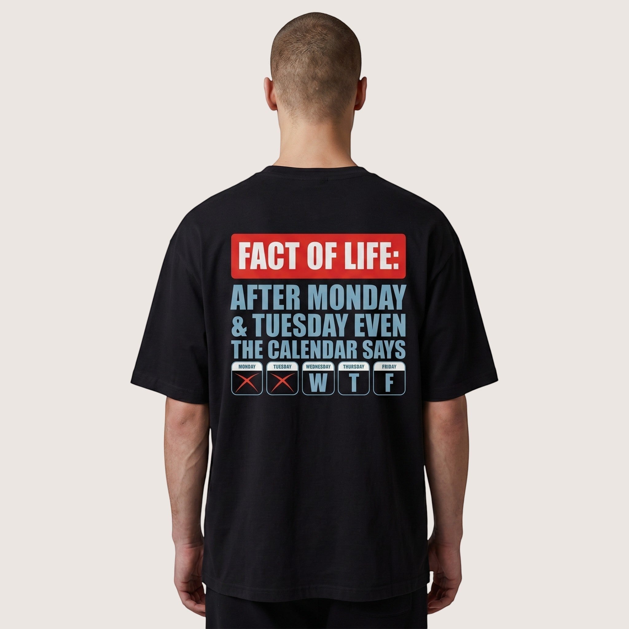 TrendyShift.Com black heavyweight cotton t-shirt with a humorous calendar graphic print on the back