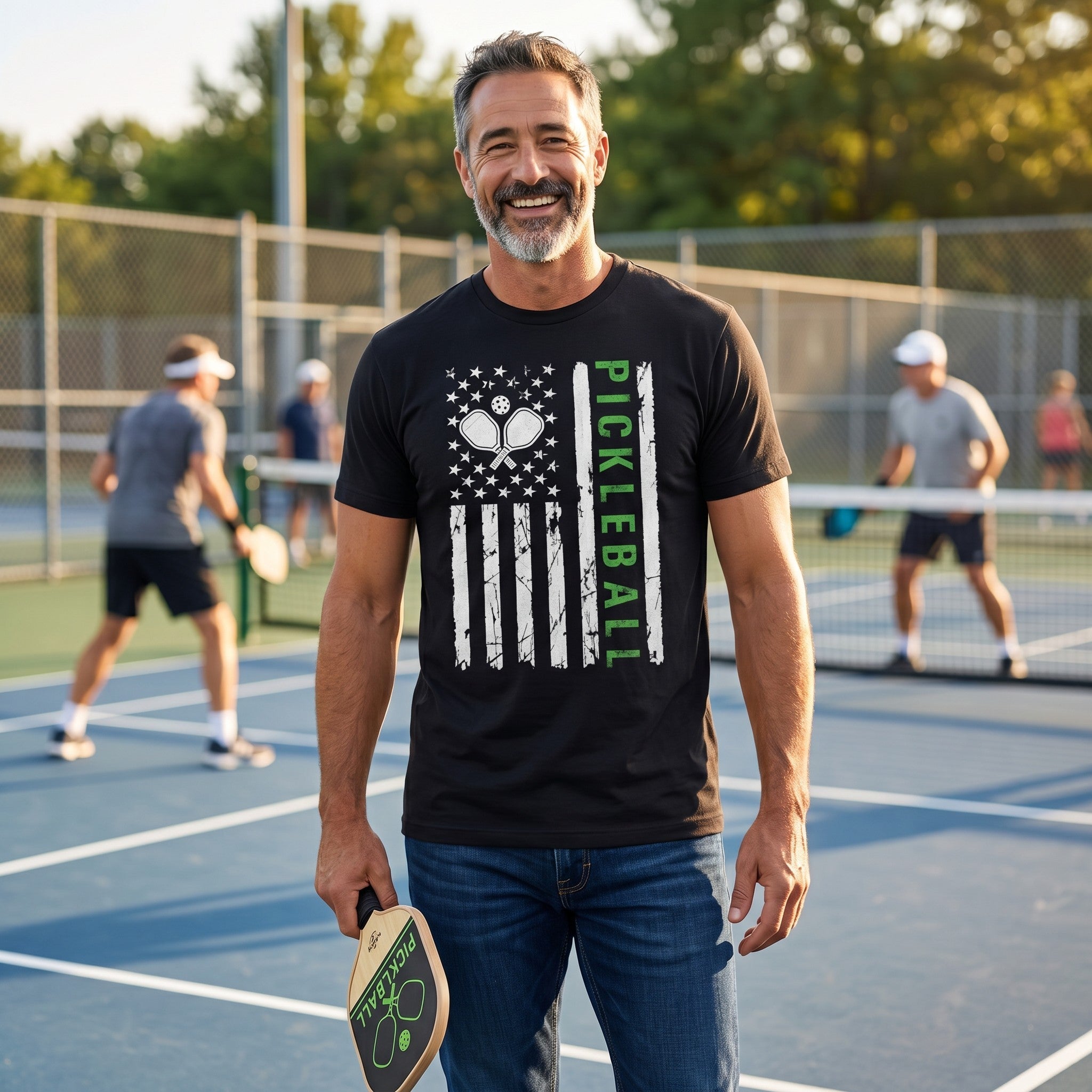 TrendyShift.Com black cotton pickleball graphic t-shirt worn by a man on a pickleball court