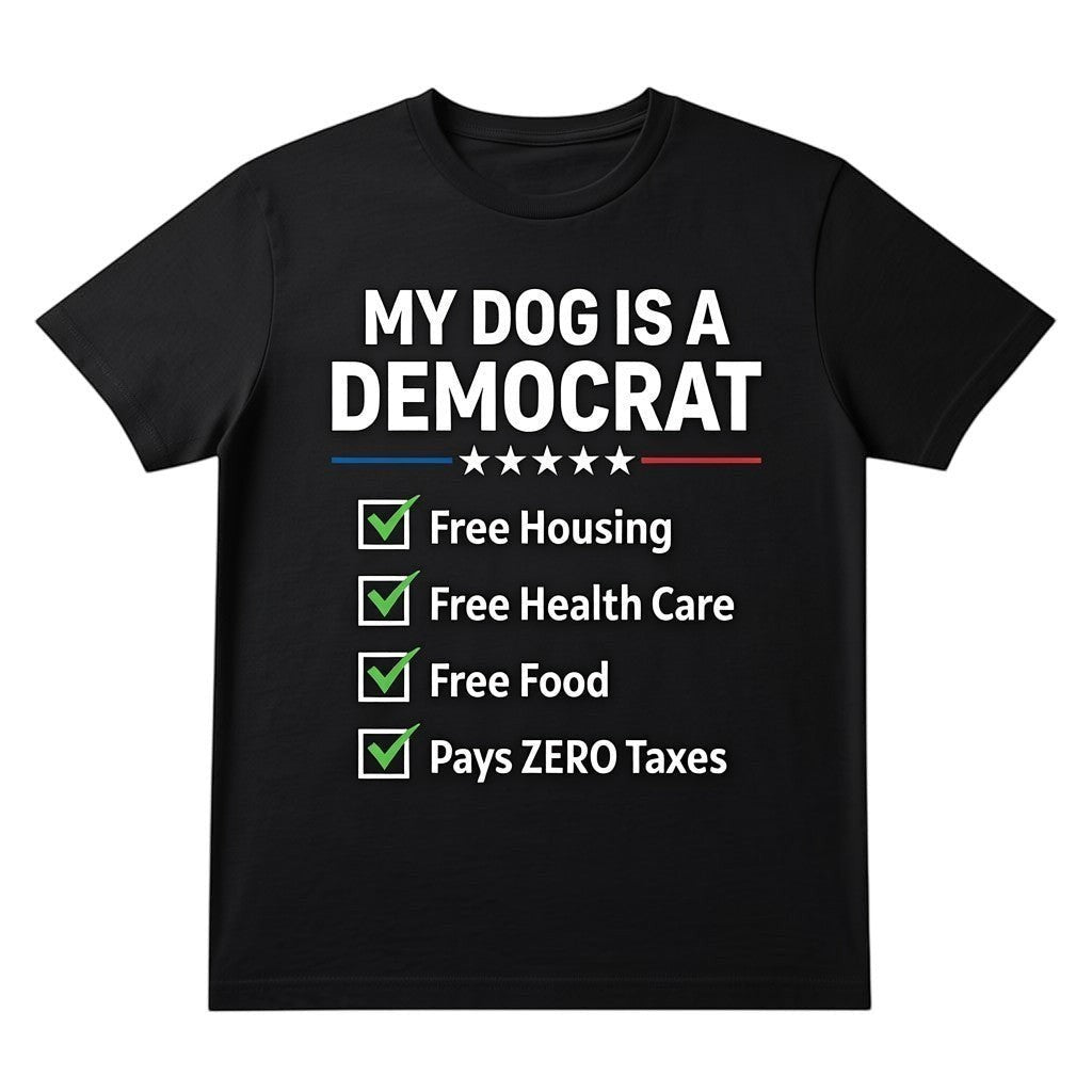 TrendyShift.Com black unisex cotton t-shirt with My Dog is a Democrat political satire graphic and checklist design.