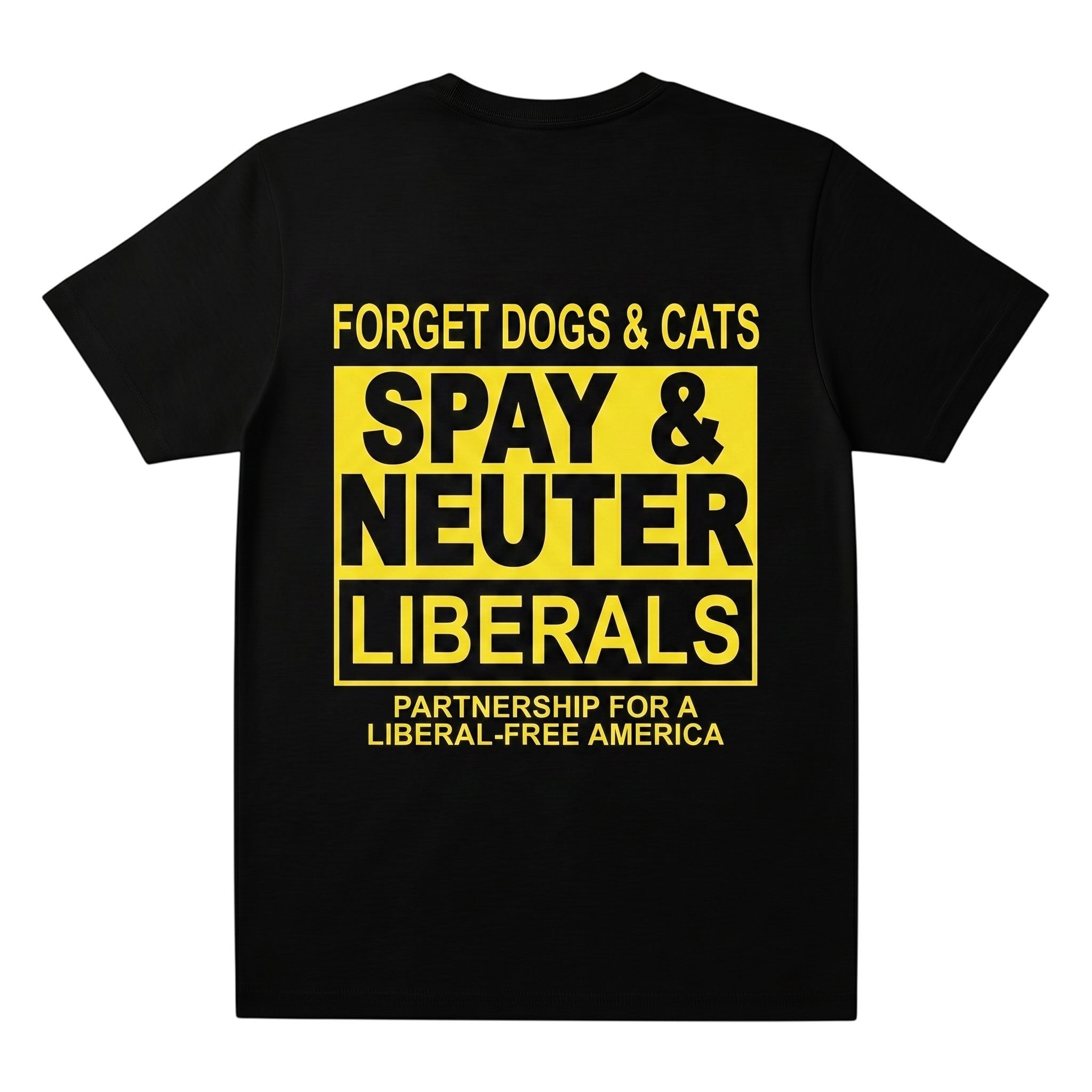 TrendyShift.Com black streetwear t-shirt with bold yellow political satire text print on the back