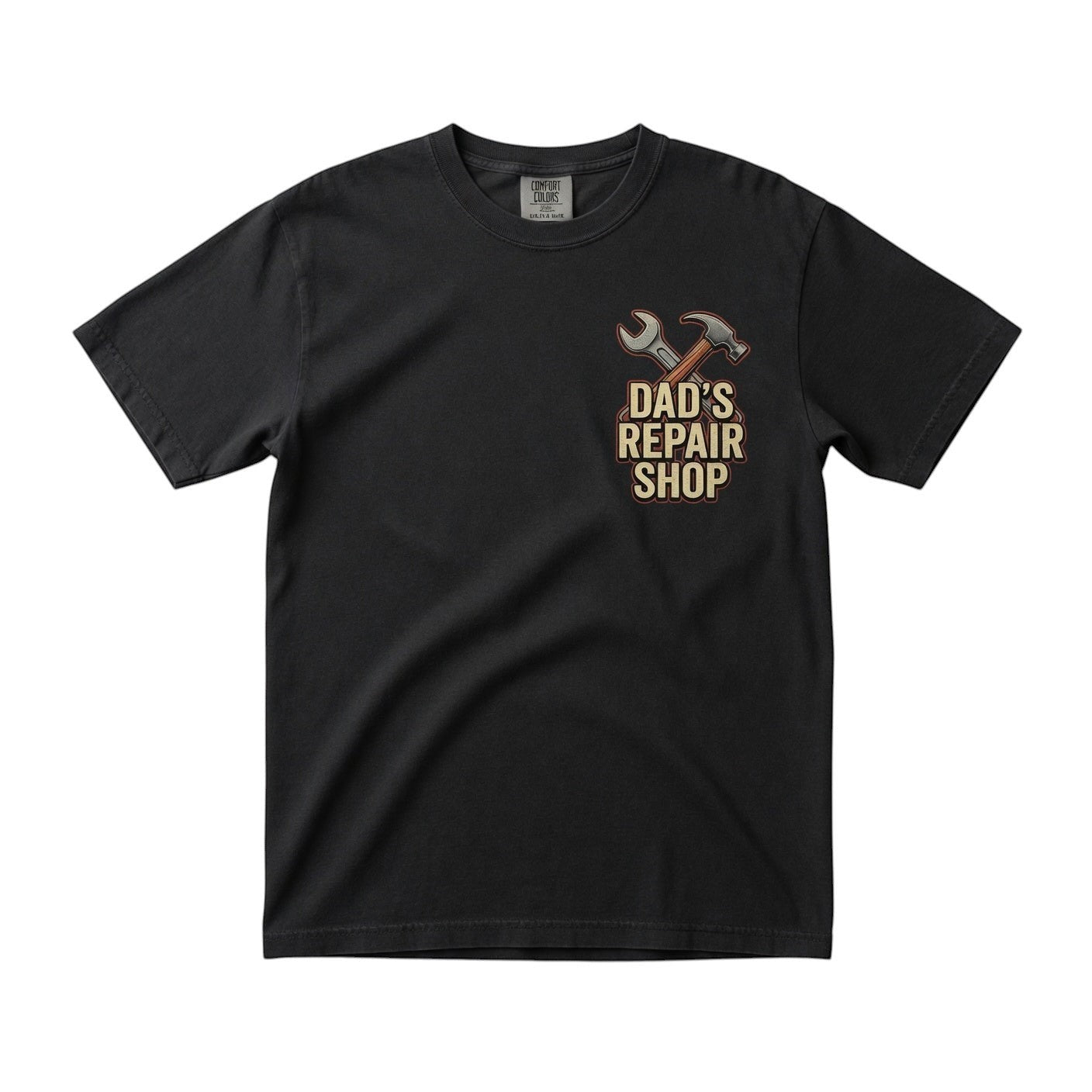 TrendyShift.Com black cotton short sleeve t-shirt featuring a Dad's Repair Shop graphic with hammer and wrench