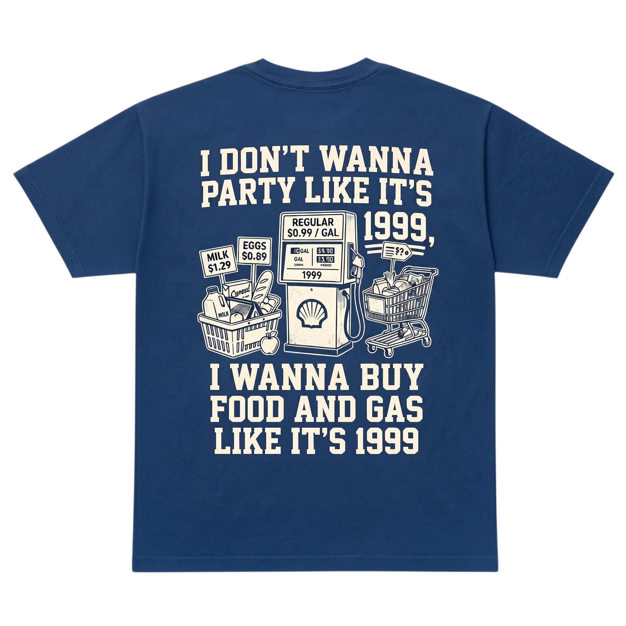TrendyShift.Com royal blue t-shirt featuring a 1999 inflation-themed graphic with grocery and gas pump illustrations.