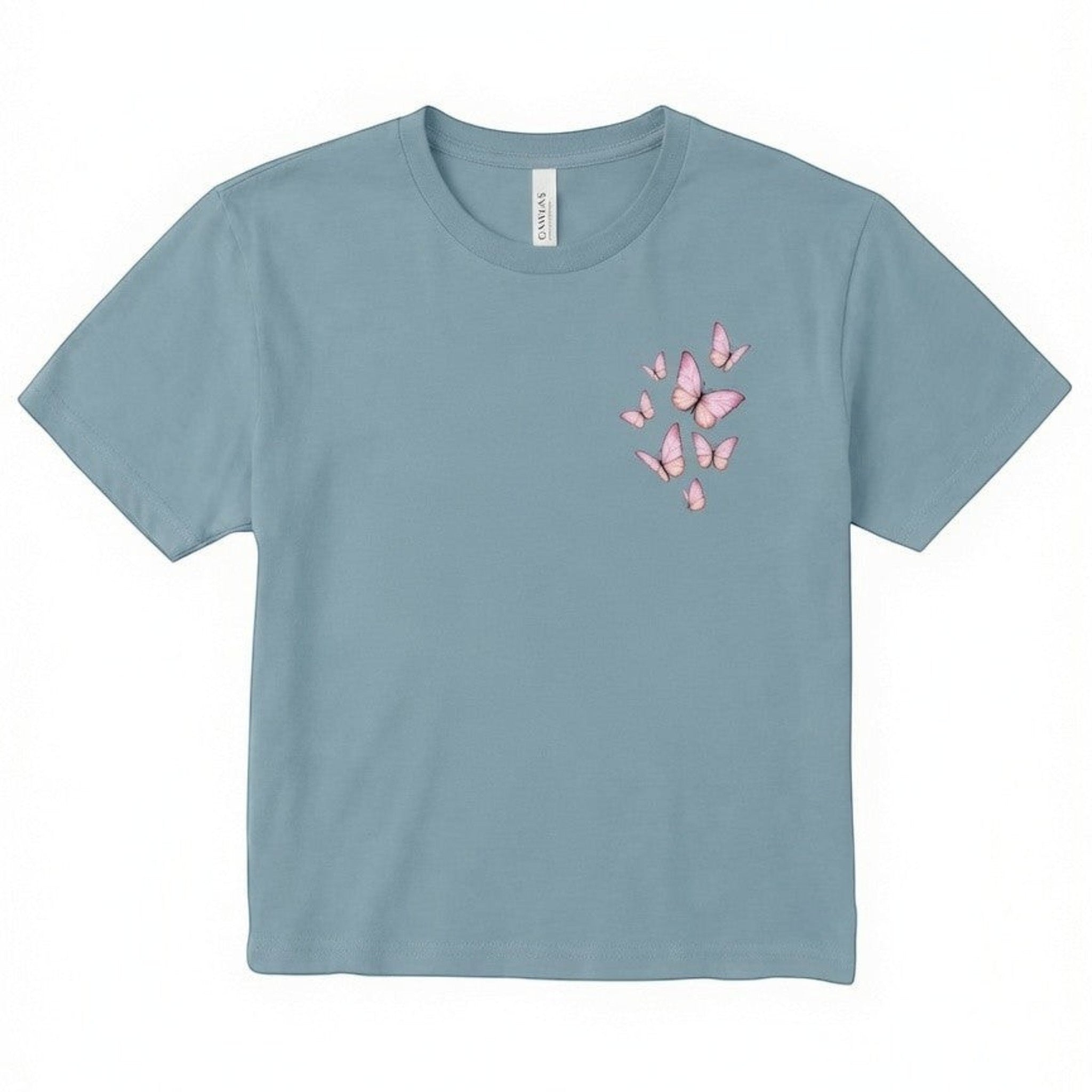 TrendyShift.Com blue cropped crewneck t-shirt featuring a delicate pink butterfly graphic on the chest.