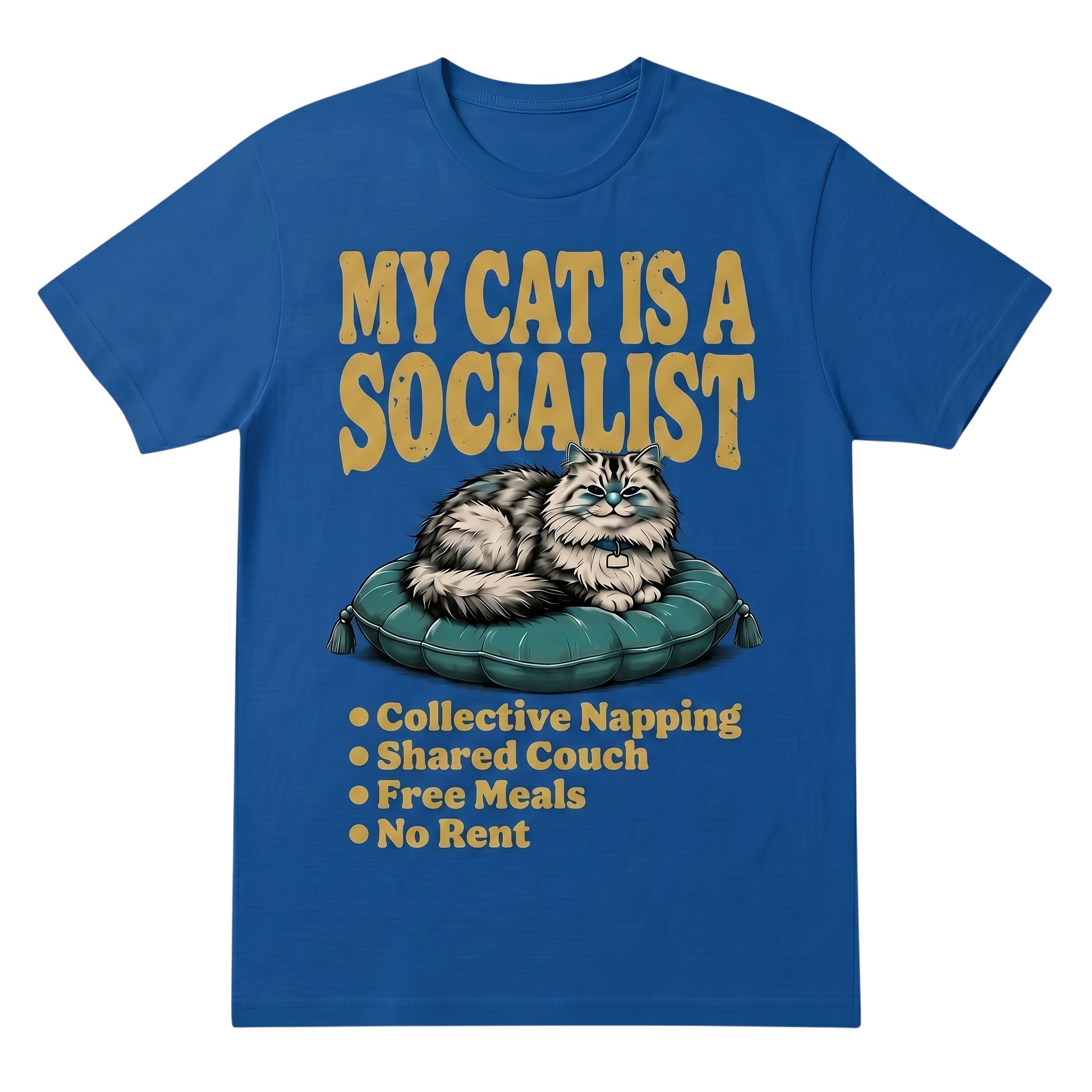 TrendyShift.Com blue cotton graphic tee featuring a cat illustration and My Cat Is a Socialist text in yellow.