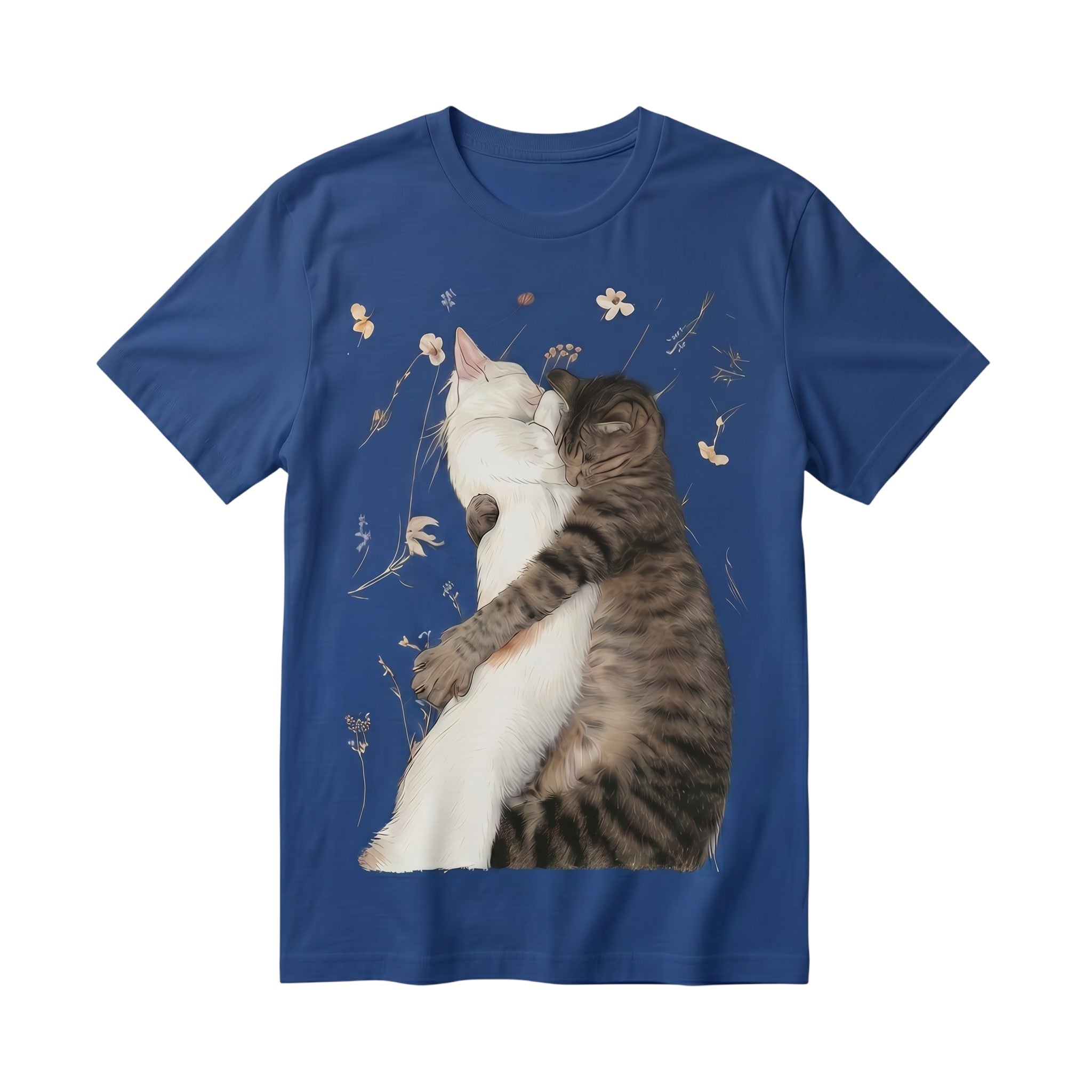 TrendyShift.Com blue 100% cotton t-shirt featuring a graphic illustration of two cats hugging amidst wildflowers.