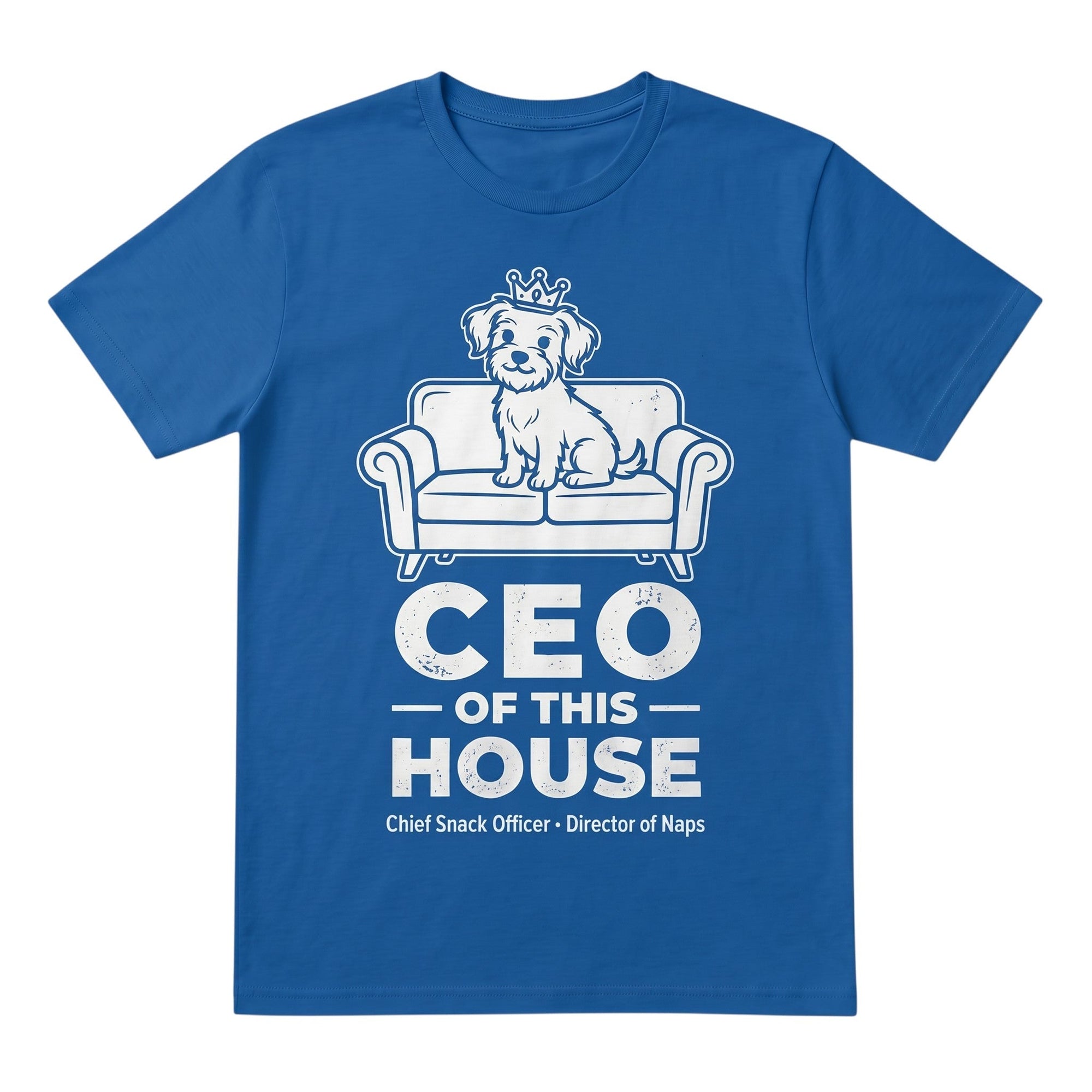 TrendyShift.Com blue unisex cotton t-shirt featuring a white graphic of a dog wearing a crown on a couch