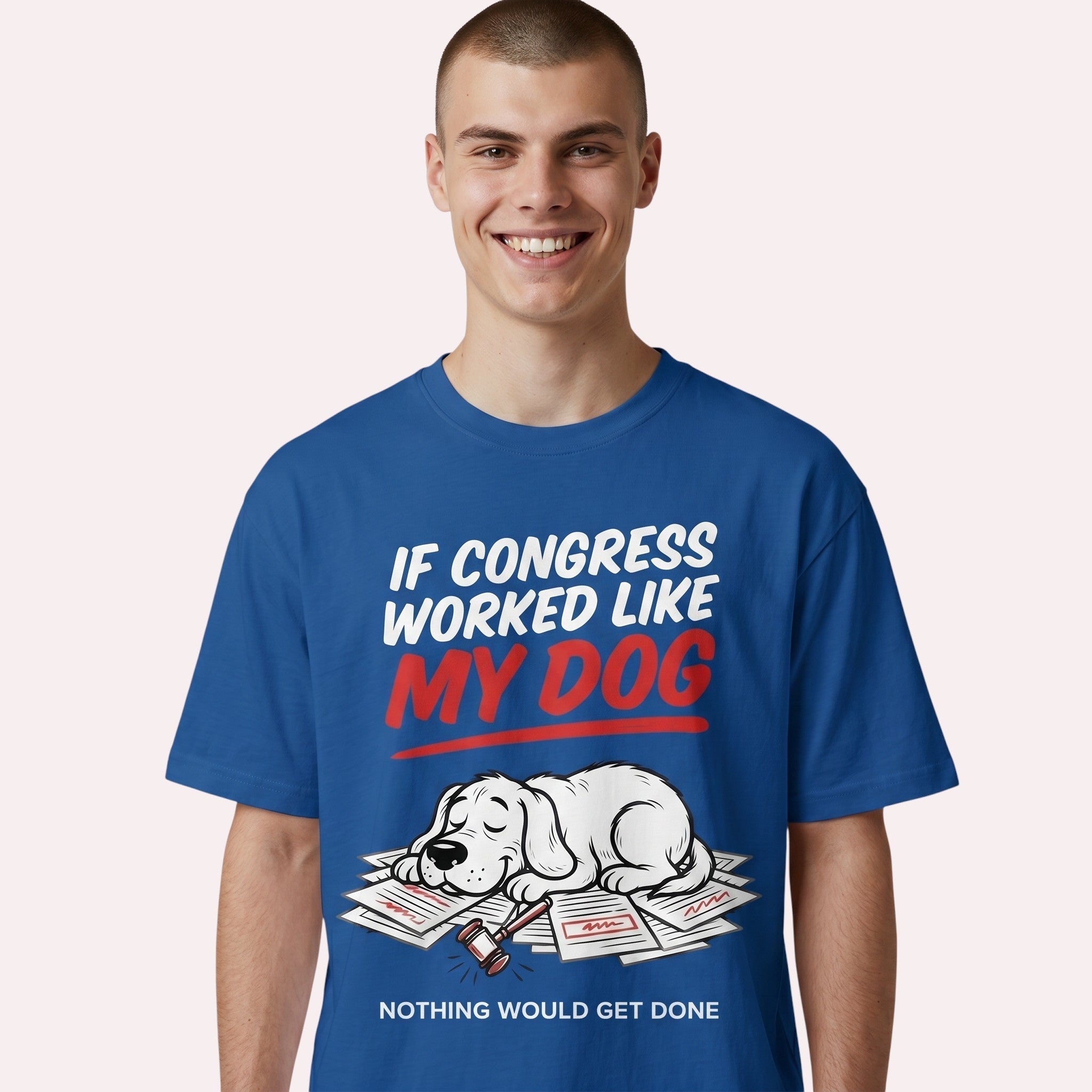 TrendyShift.Com blue heavy cotton t-shirt featuring a funny graphic of a sleepy dog on paperwork with a gavel.