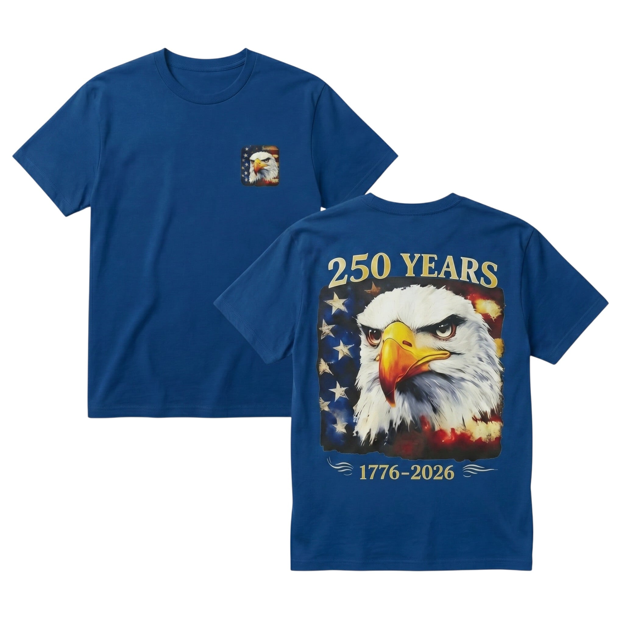 TrendyShift.Com blue cotton t-shirt with American 250th anniversary eagle graphic on chest and back