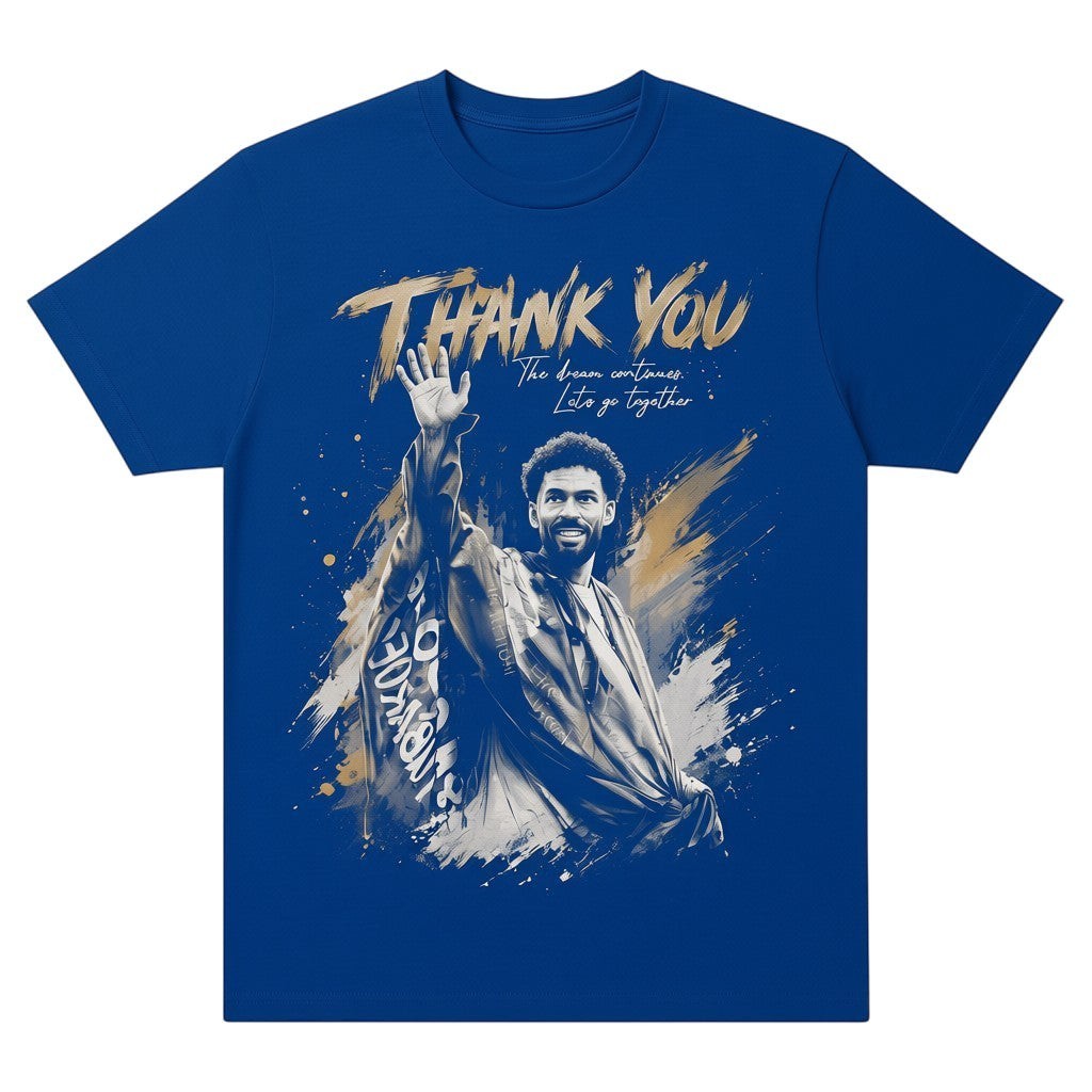 TrendyShift.Com blue oversized cotton unisex tee featuring a graphic print of a goalkeeper waving farewell.