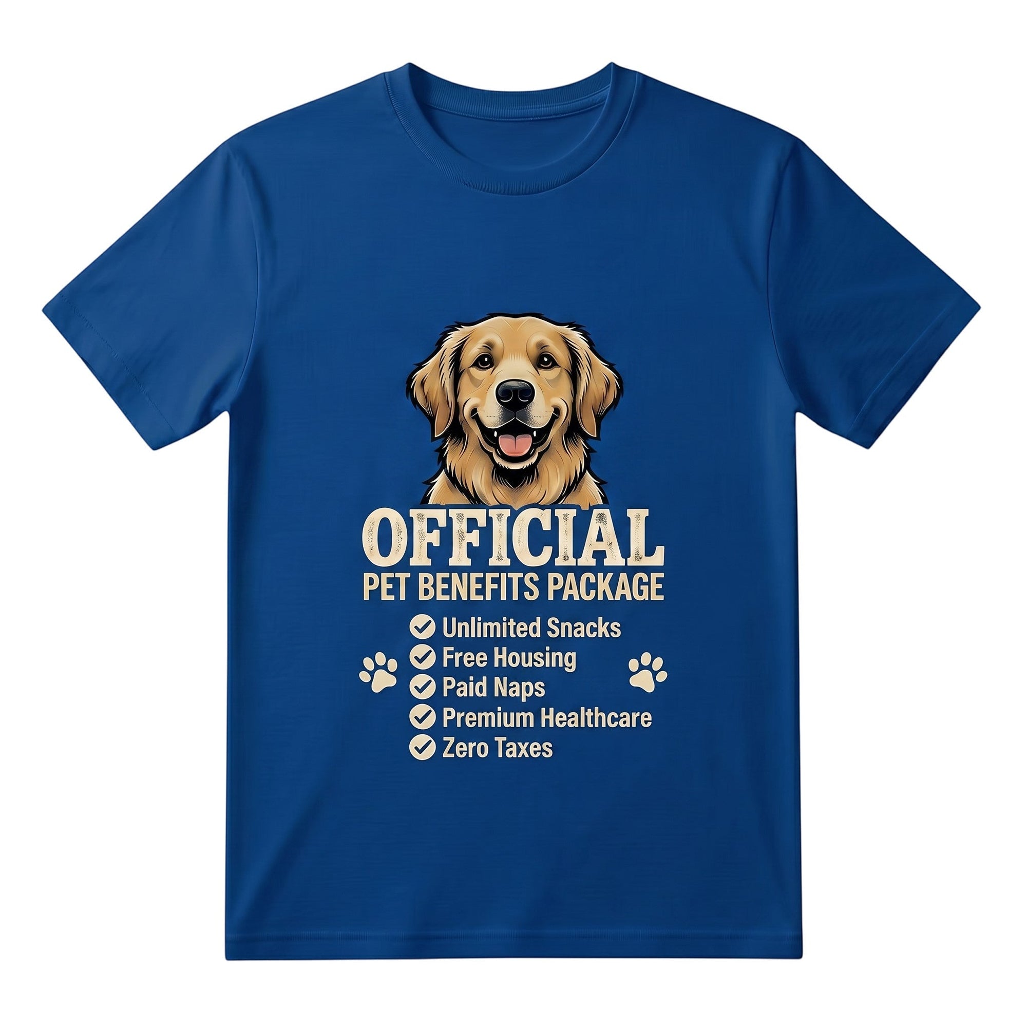 TrendyShift.Com blue cotton t-shirt featuring a golden retriever and Official Pet Benefits Package graphic design.