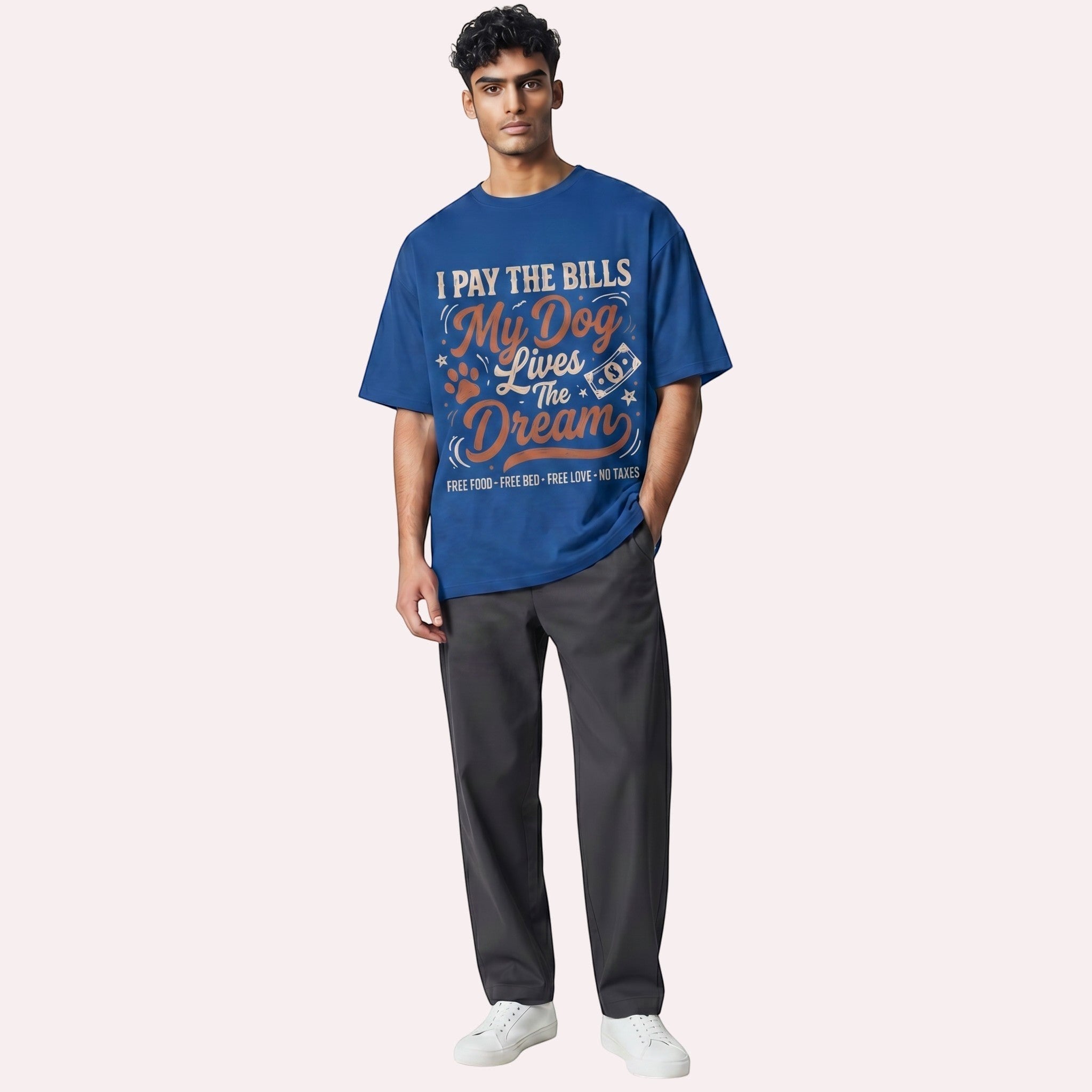 TrendyShift.Com blue heavy-weight cotton graphic t-shirt with I Pay The Bills My Dog Lives The Dream quote