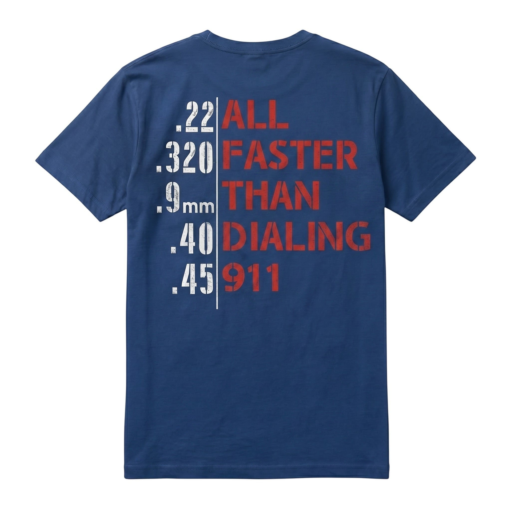 TrendyShift.Com unisex blue t-shirt featuring a graphic print on the back with bullet calibers and text