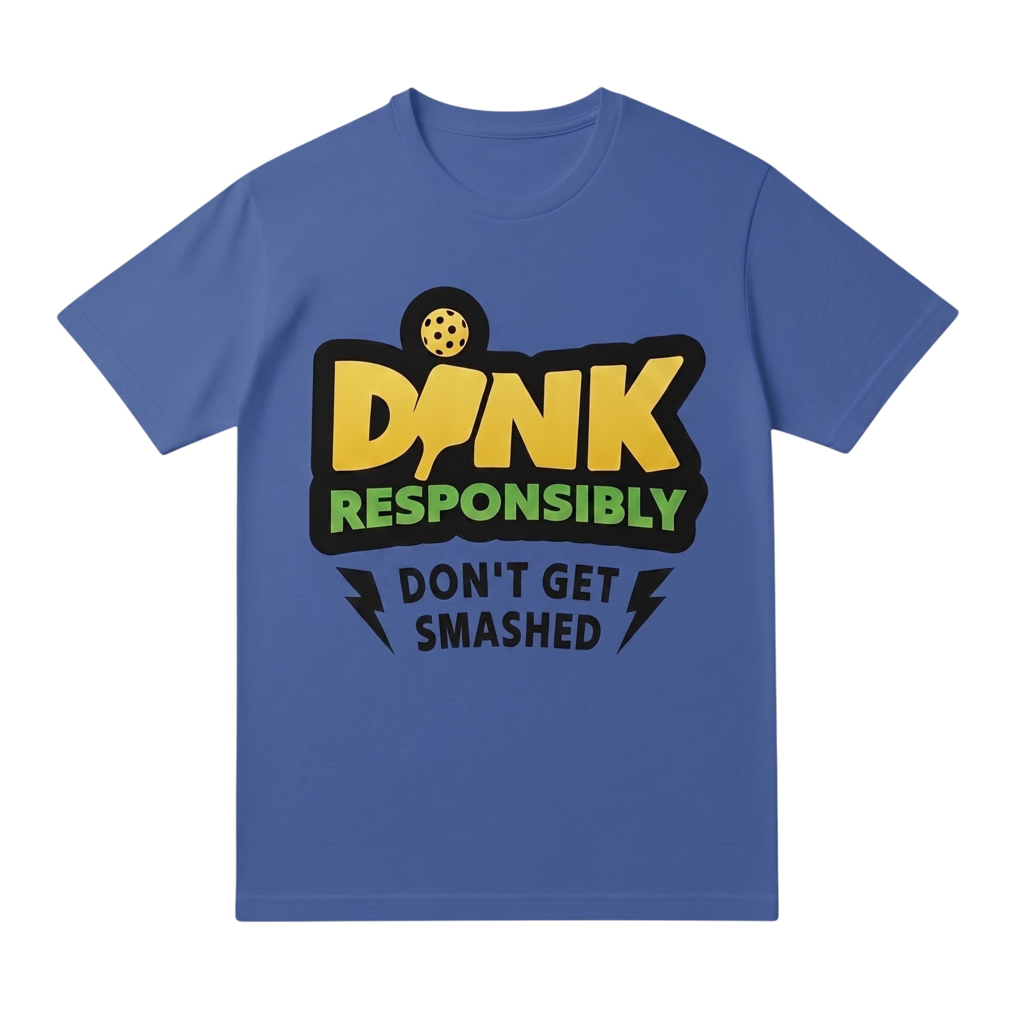 TrendyShift.Com blue short sleeve cotton t-shirt with DINK Responsibly pickleball graphic print