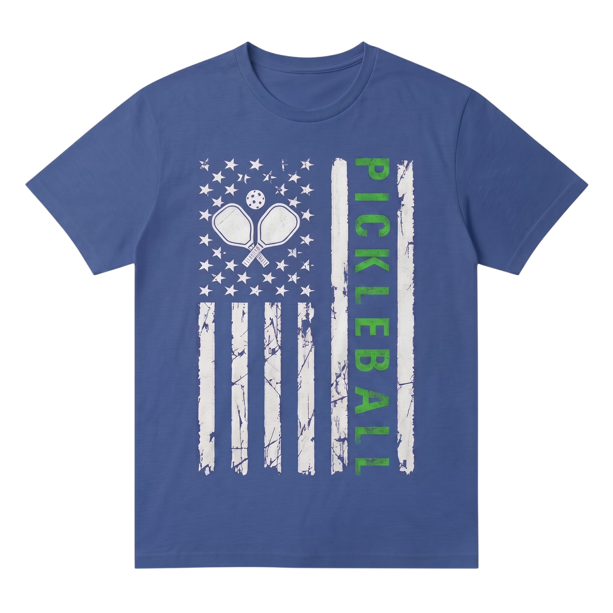 TrendyShift.Com blue unisex cotton pickleball t-shirt with distressed American flag and paddle graphic print