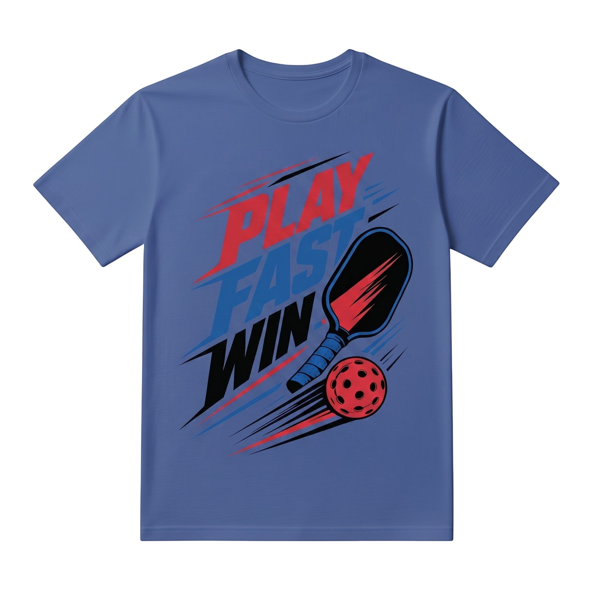 TrendyShift.Com blue unisex cotton t-shirt featuring a Play Fast Win pickleball graphic with paddle and ball.