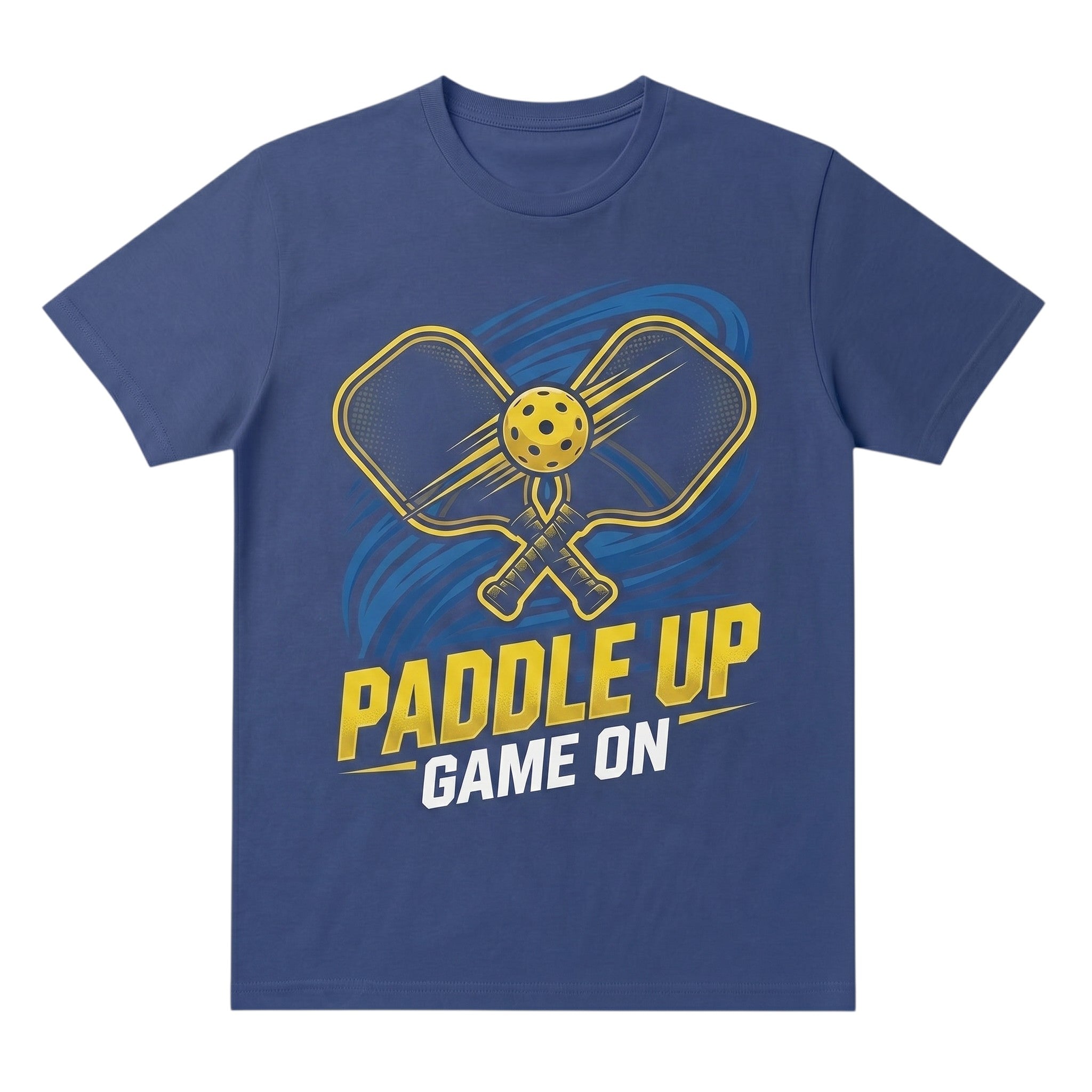TrendyShift.Com blue unisex cotton t-shirt featuring a yellow pickleball paddle and ball graphic with Paddle Up text.