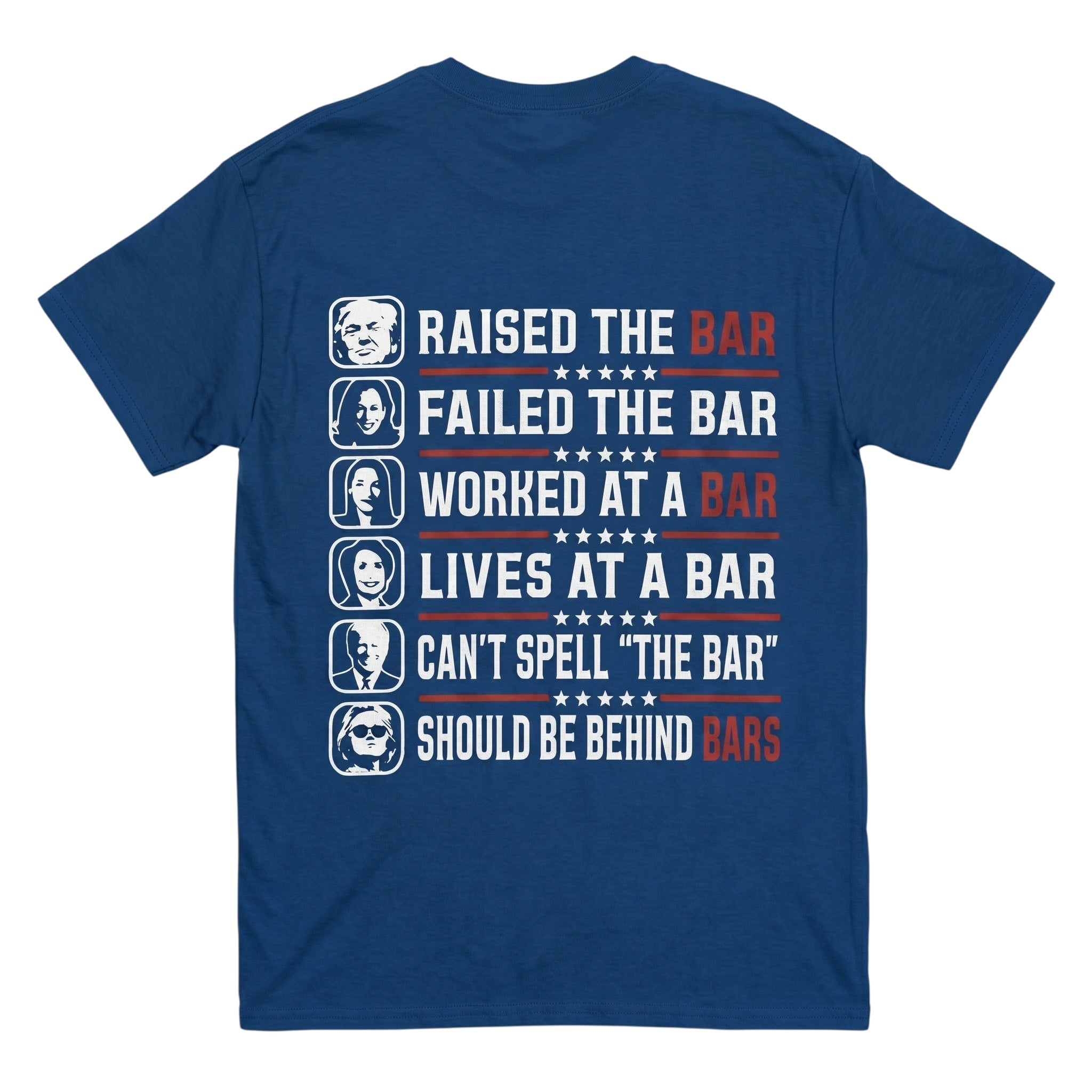 TrendyShift.Com blue 100% cotton t-shirt featuring a back print with political satire text and portraits.