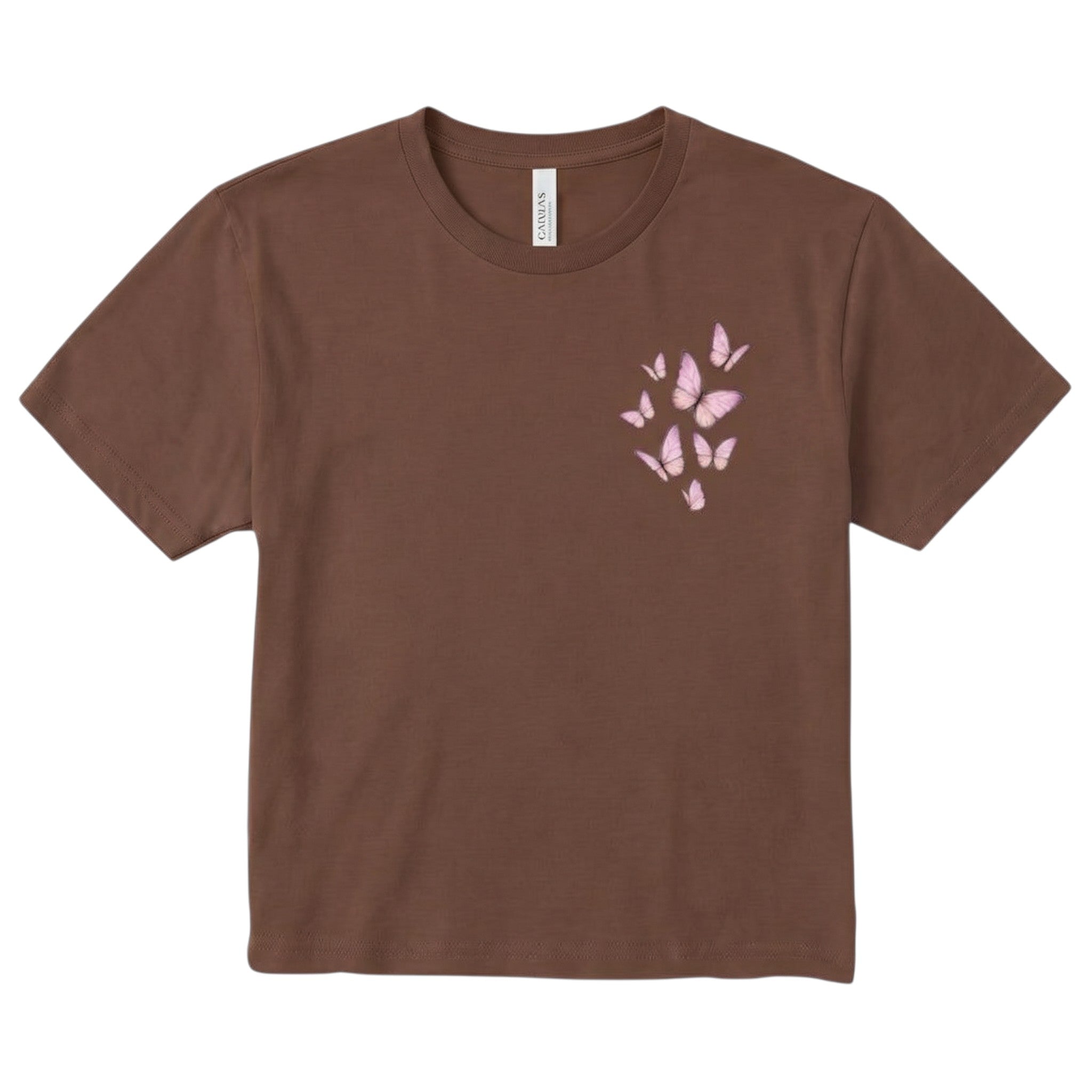 TrendyShift.Com brown cropped crewneck t-shirt featuring a delicate pink butterfly graphic on the chest.
