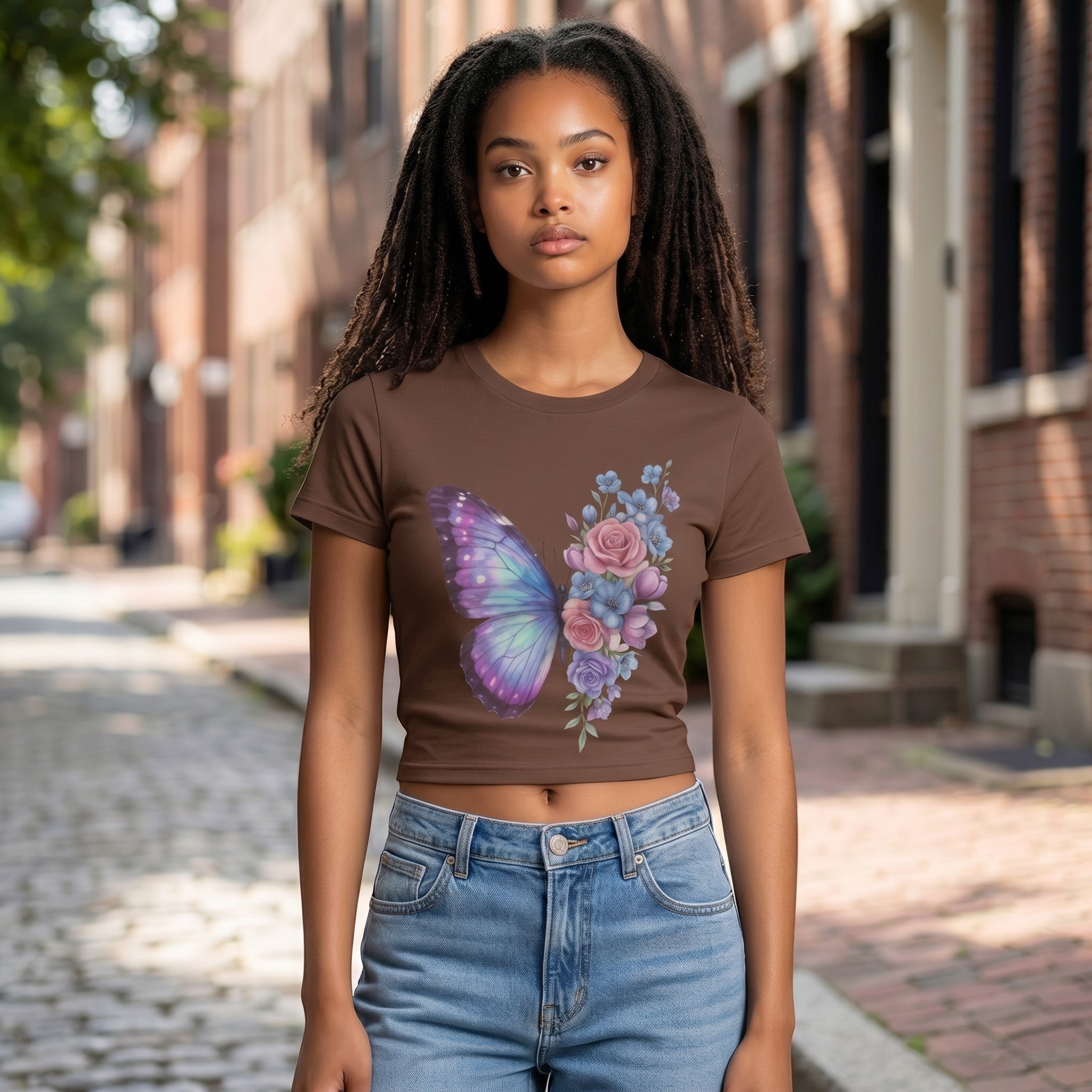 TrendyShift.Com brown micro rib baby tee with a pastel butterfly and floral print worn by a woman on a city street.