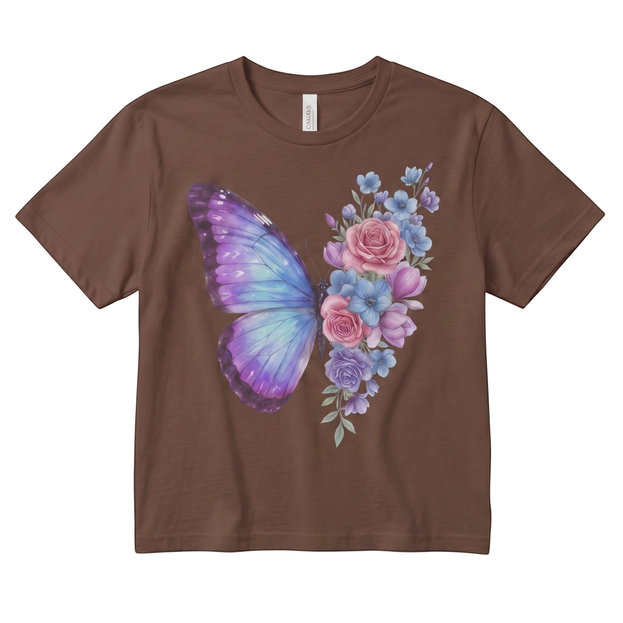 TrendyShift.Com brown micro rib baby tee featuring a pastel butterfly and floral rose graphic print.