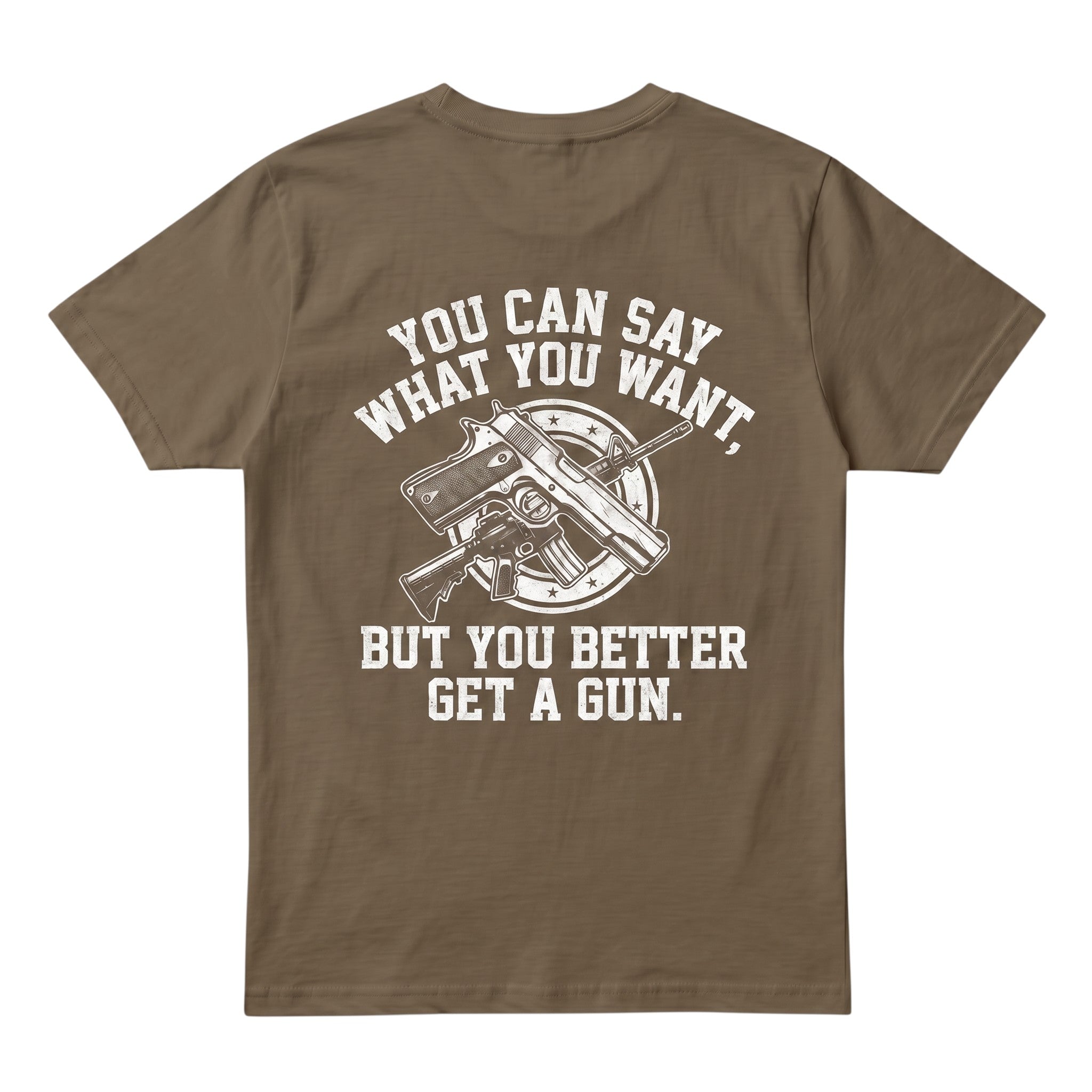 TrendyShift.Com brown cotton t-shirt with a white graphic print of crossed firearms and bold text on the back.