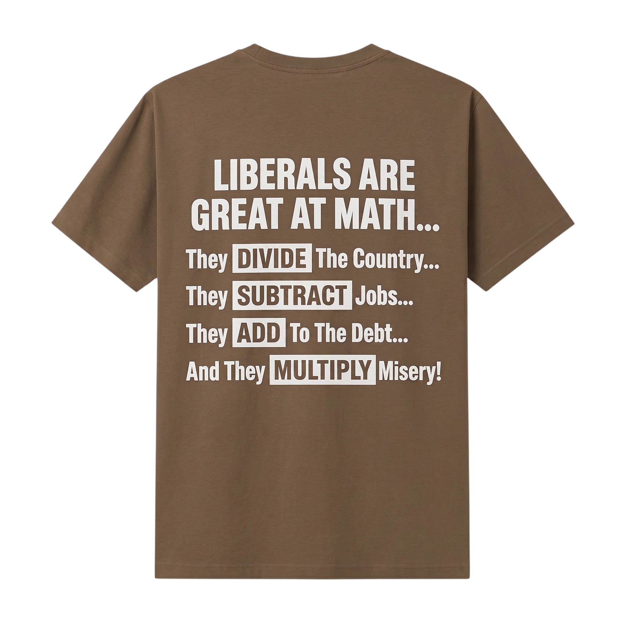TrendyShift.Com brown t-shirt featuring white text with a political message about math and liberal policies.