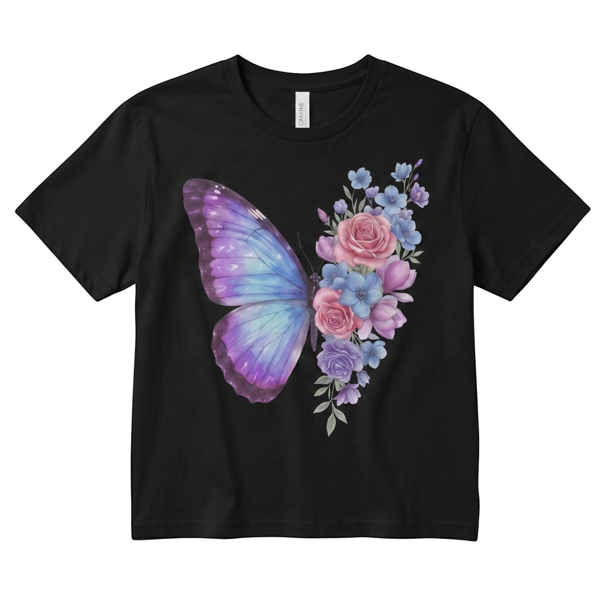TrendyShift.Com black micro rib baby tee featuring a pastel butterfly and floral rose design on the front.