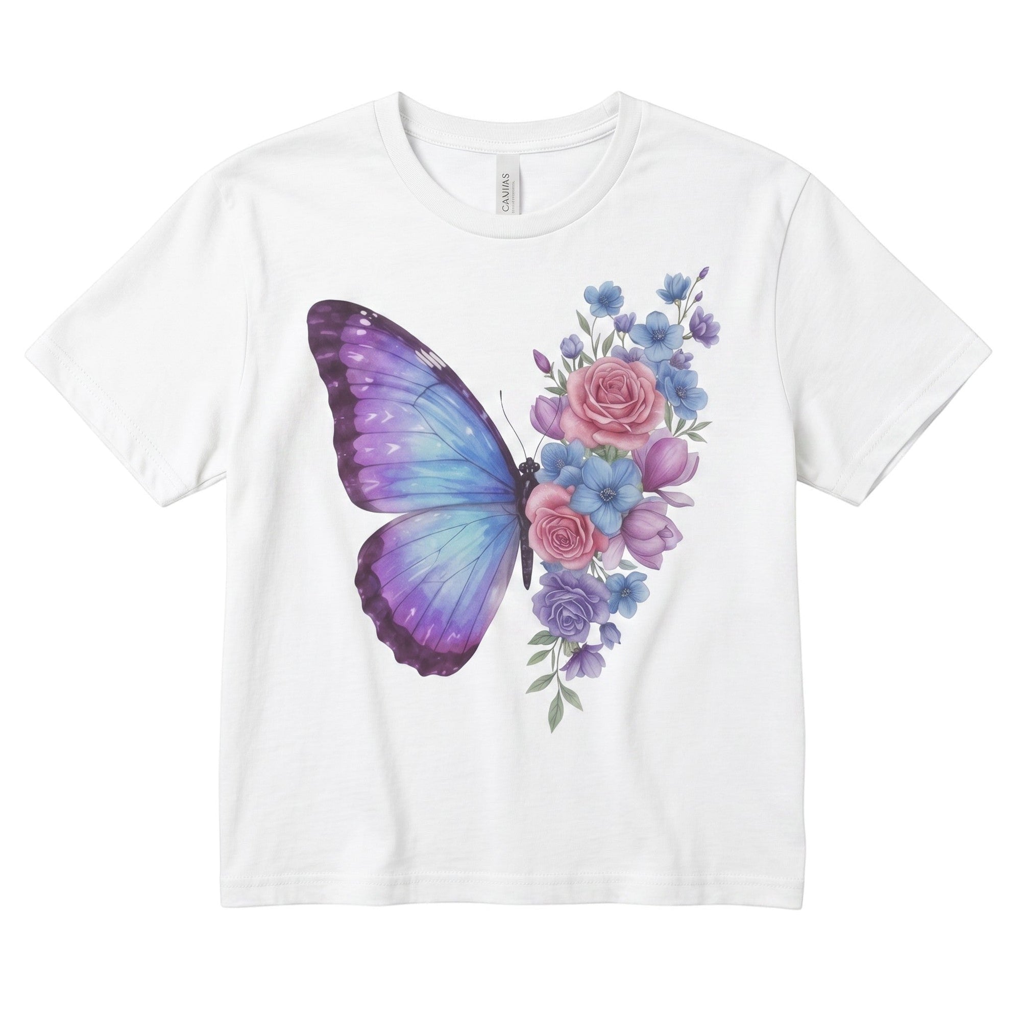 TrendyShift.Com white micro rib baby tee featuring a pastel butterfly and floral rose design for a cottagecore look.