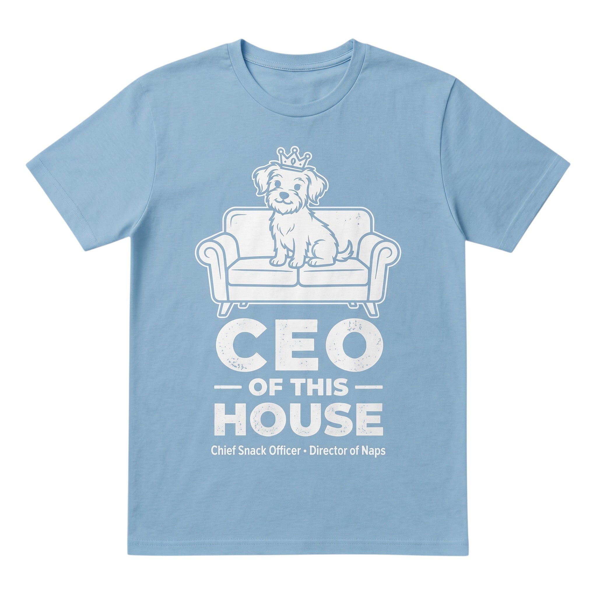 TrendyShift.Com light blue unisex cotton t-shirt featuring a graphic of a dog wearing a crown on a couch.