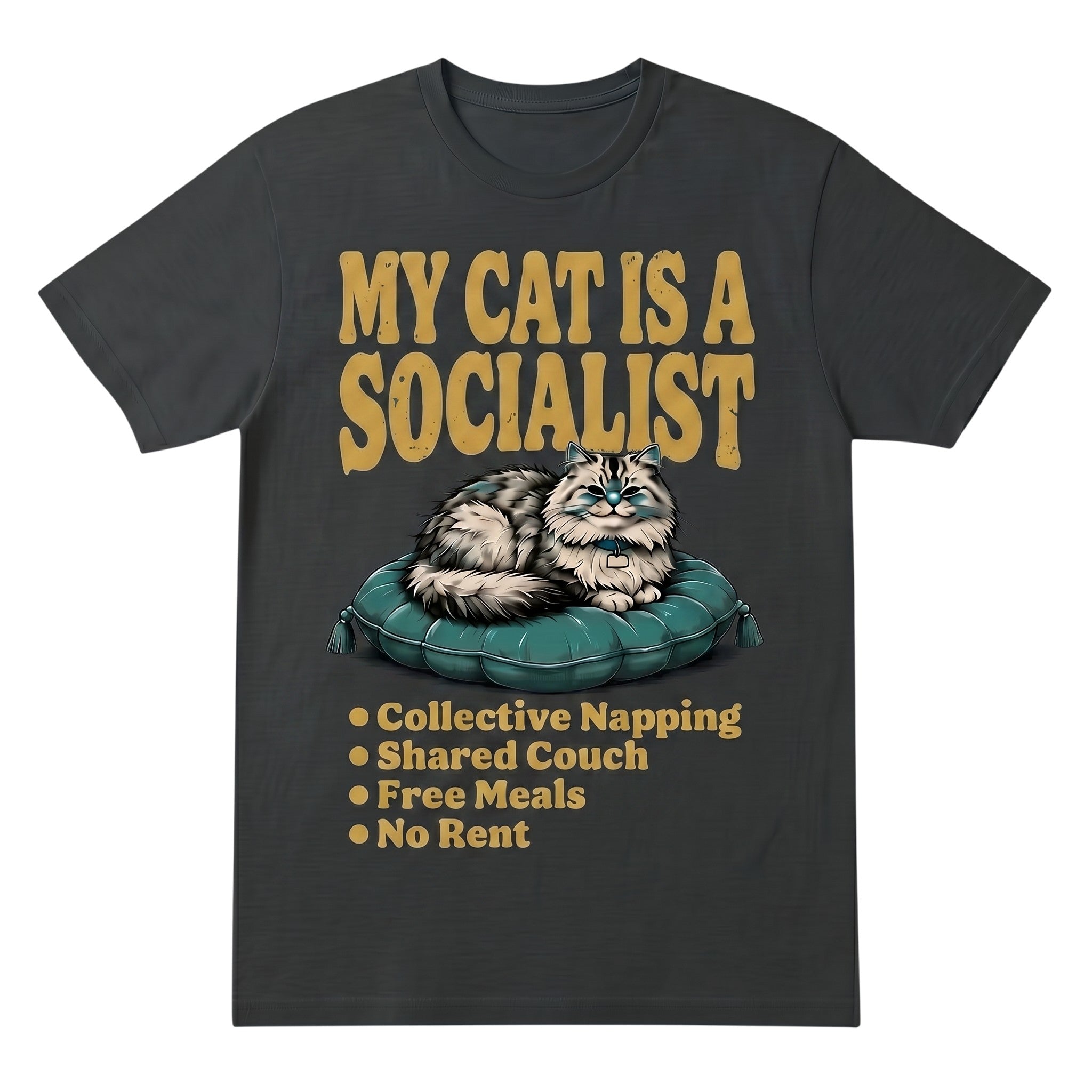 TrendyShift.Com charcoal grey cotton graphic tee featuring a cat illustration and My Cat Is a Socialist text.