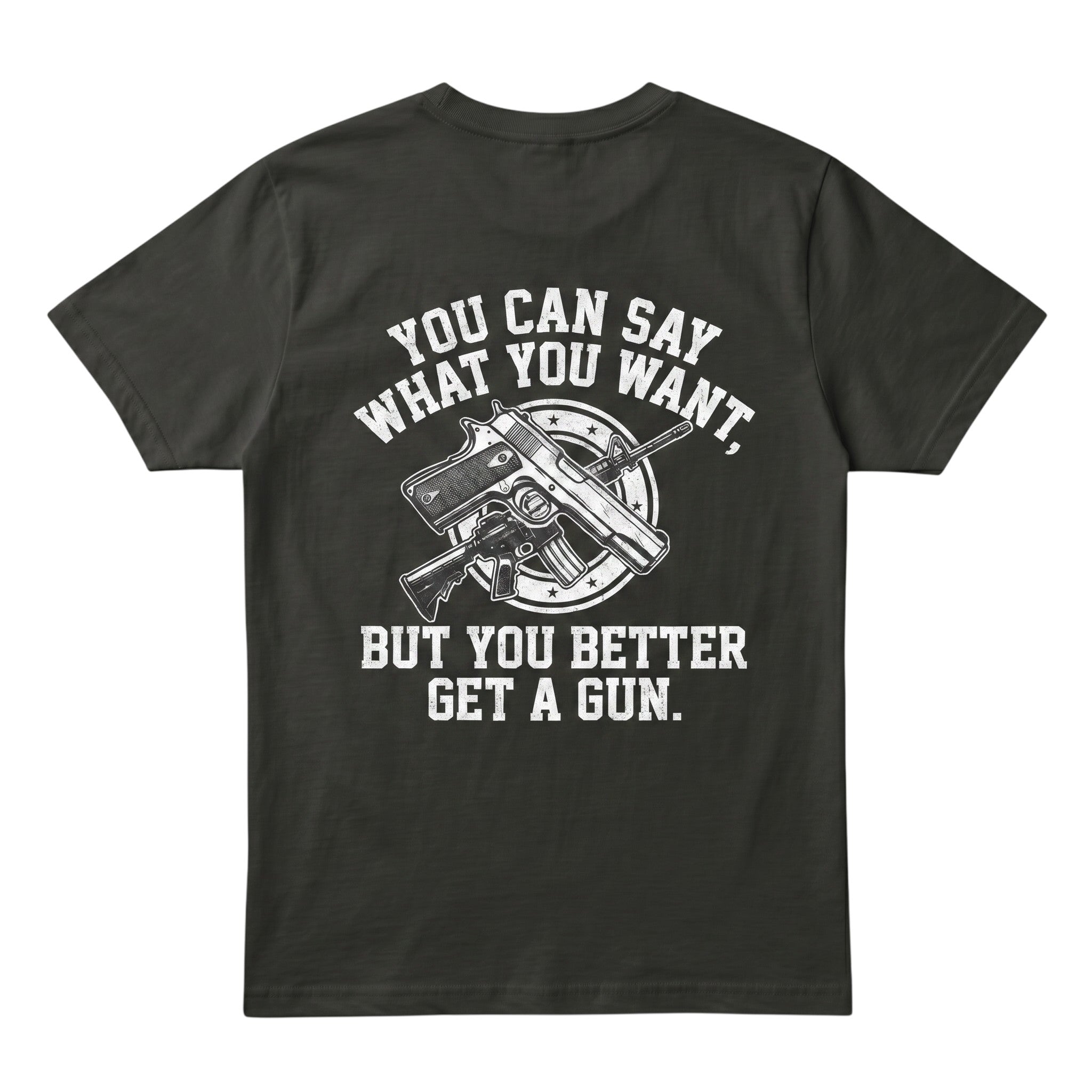 TrendyShift.Com charcoal grey cotton t-shirt featuring a white graphic print of a gun and bold text on the back.