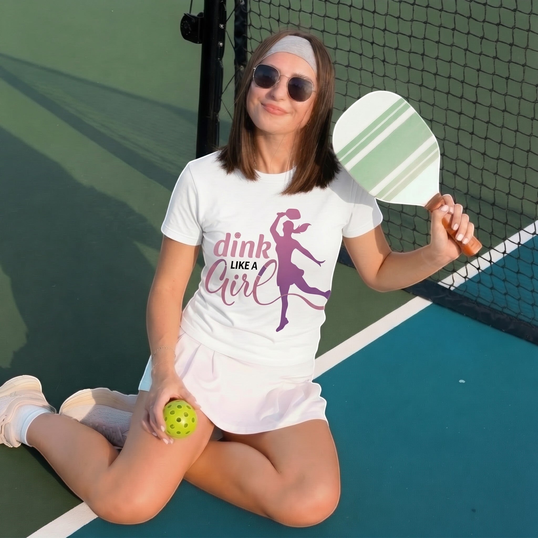 TrendyShift.Com white cotton short sleeve tee with Dink Like a Girl pickleball graphic worn by a woman on a court