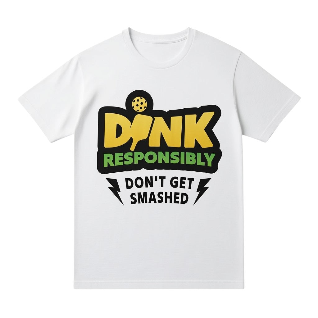 TrendyShift.Com white cotton unisex t-shirt featuring a yellow and green DINK Responsibly pickleball graphic print.