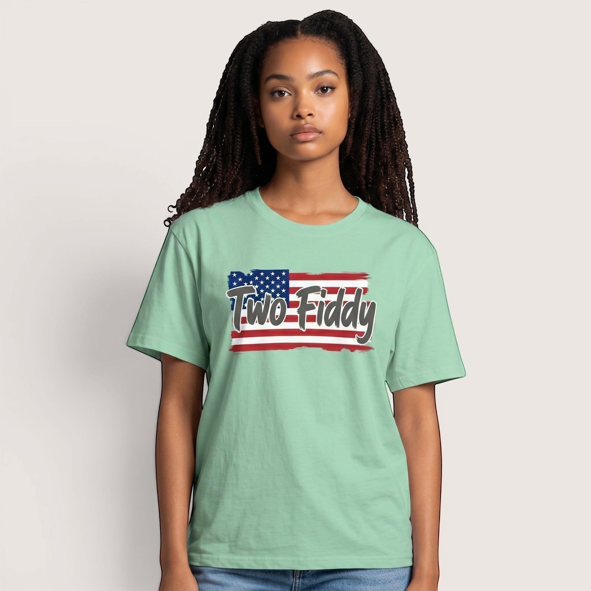 TrendyShift.Com unisex green cotton t-shirt with distressed American flag graphic and Two Fiddy brushstroke text