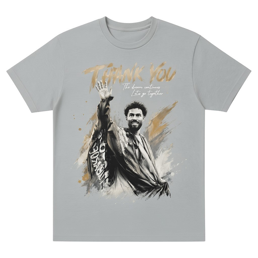 TrendyShift.Com grey unisex tee featuring a tribute graphic of a goalkeeper waving goodbye with gold brushstroke accents.