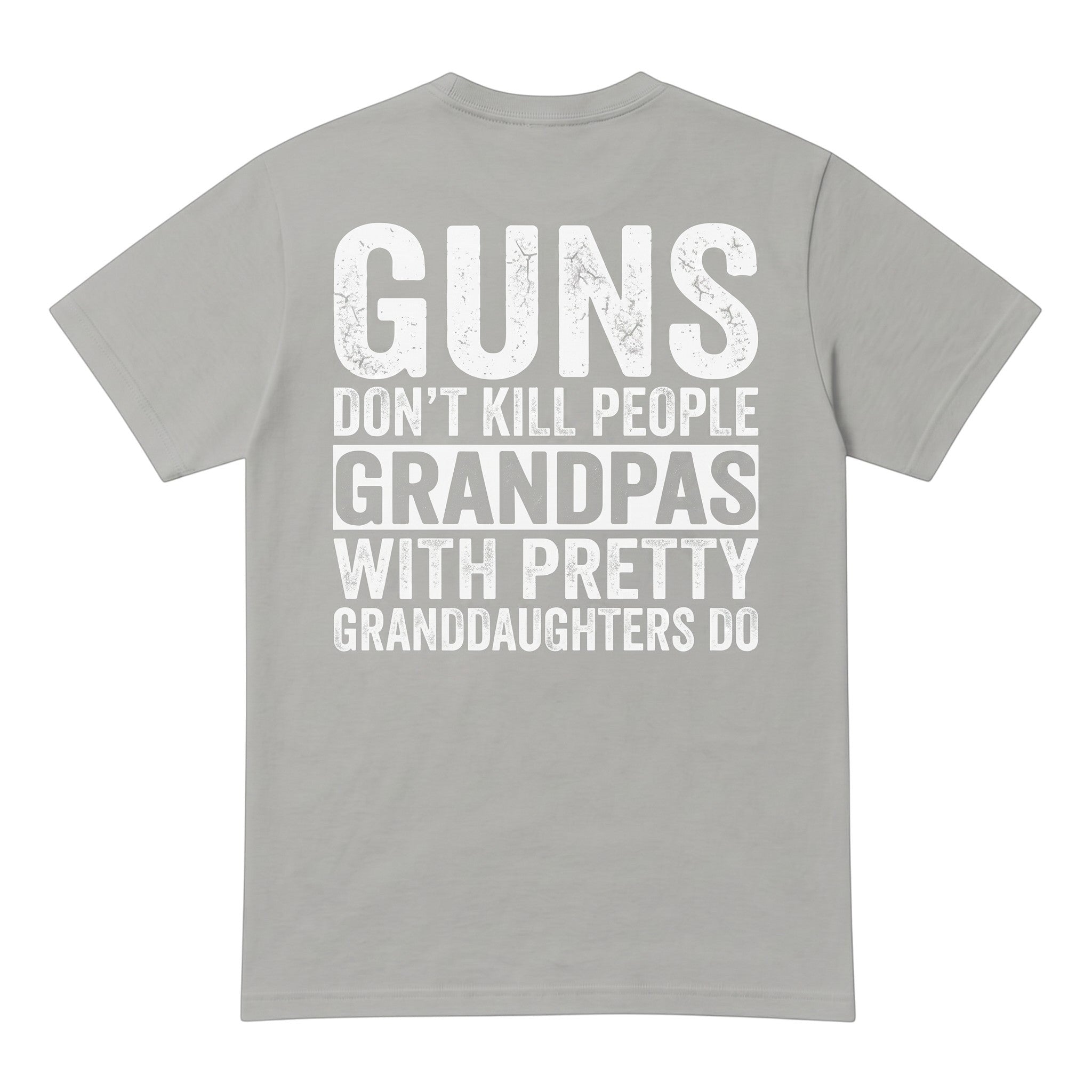 TrendyShift.Com grey cotton t-shirt featuring white distressed text on the back about grandpas and granddaughters.