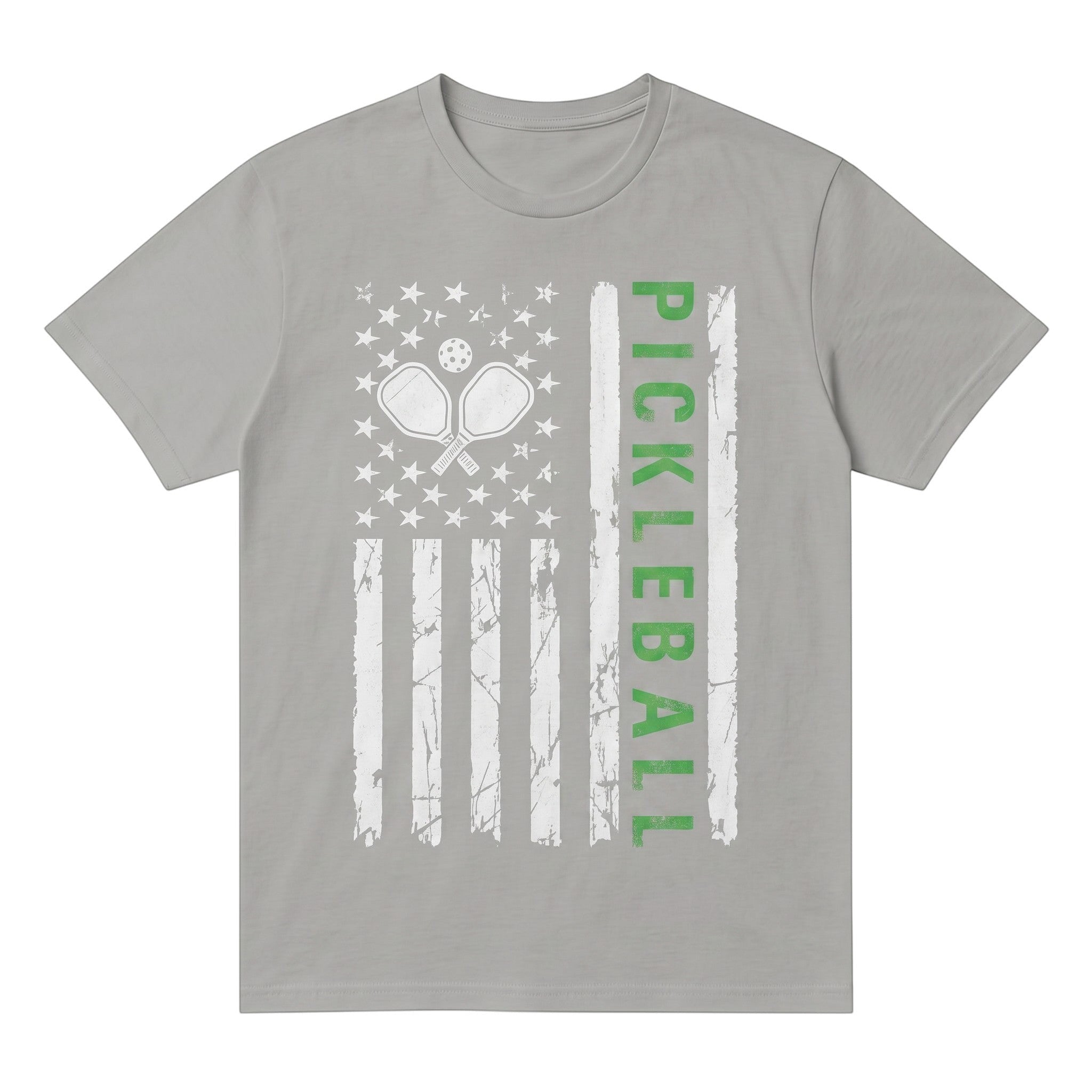TrendyShift.Com grey cotton pickleball t-shirt with distressed American flag and pickleball paddle graphic print.