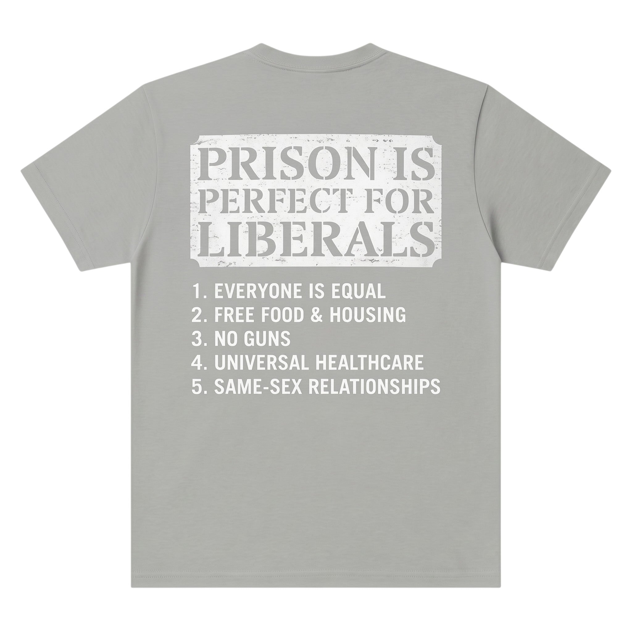 TrendyShift.Com grey unisex cotton t-shirt featuring a satirical political list graphic on the back