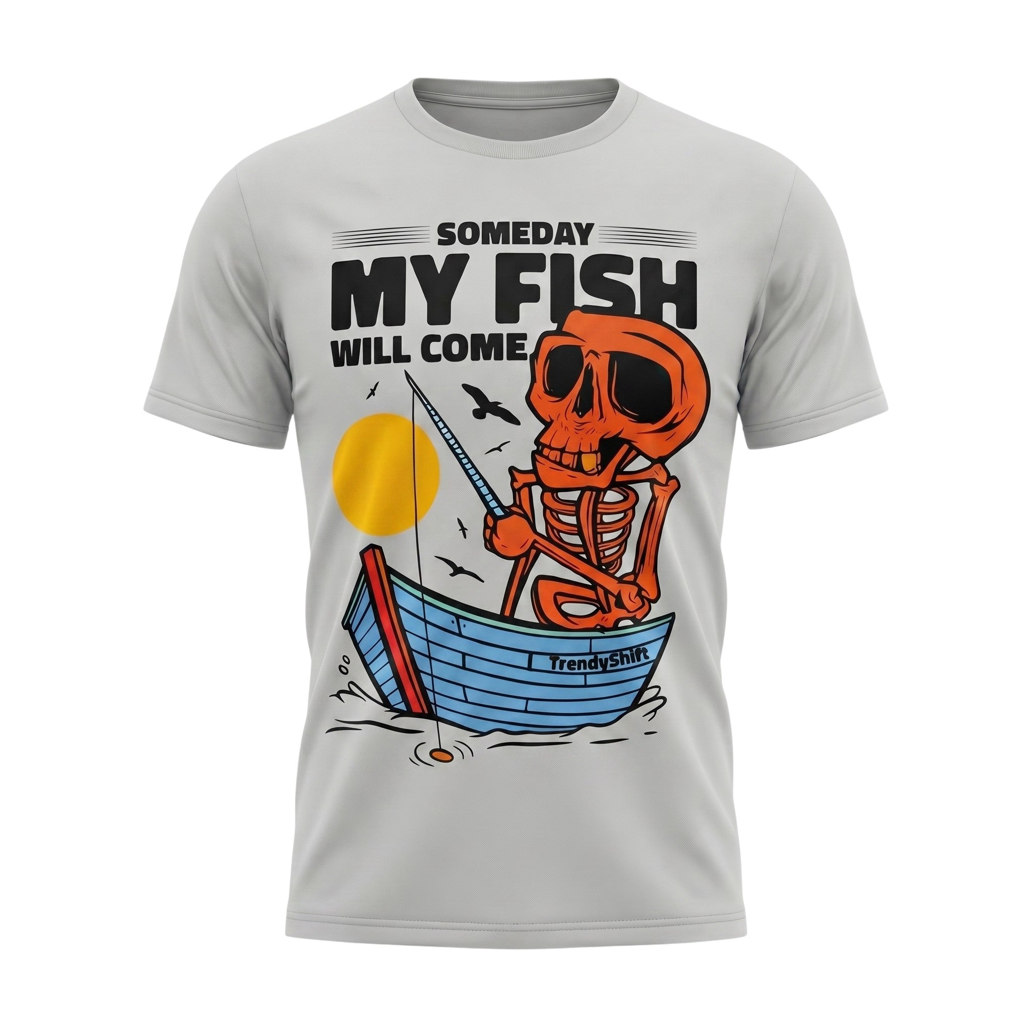 TrendyShift.Com grey cotton unisex t-shirt featuring a graphic of an orange skeleton fishing in a blue boat.